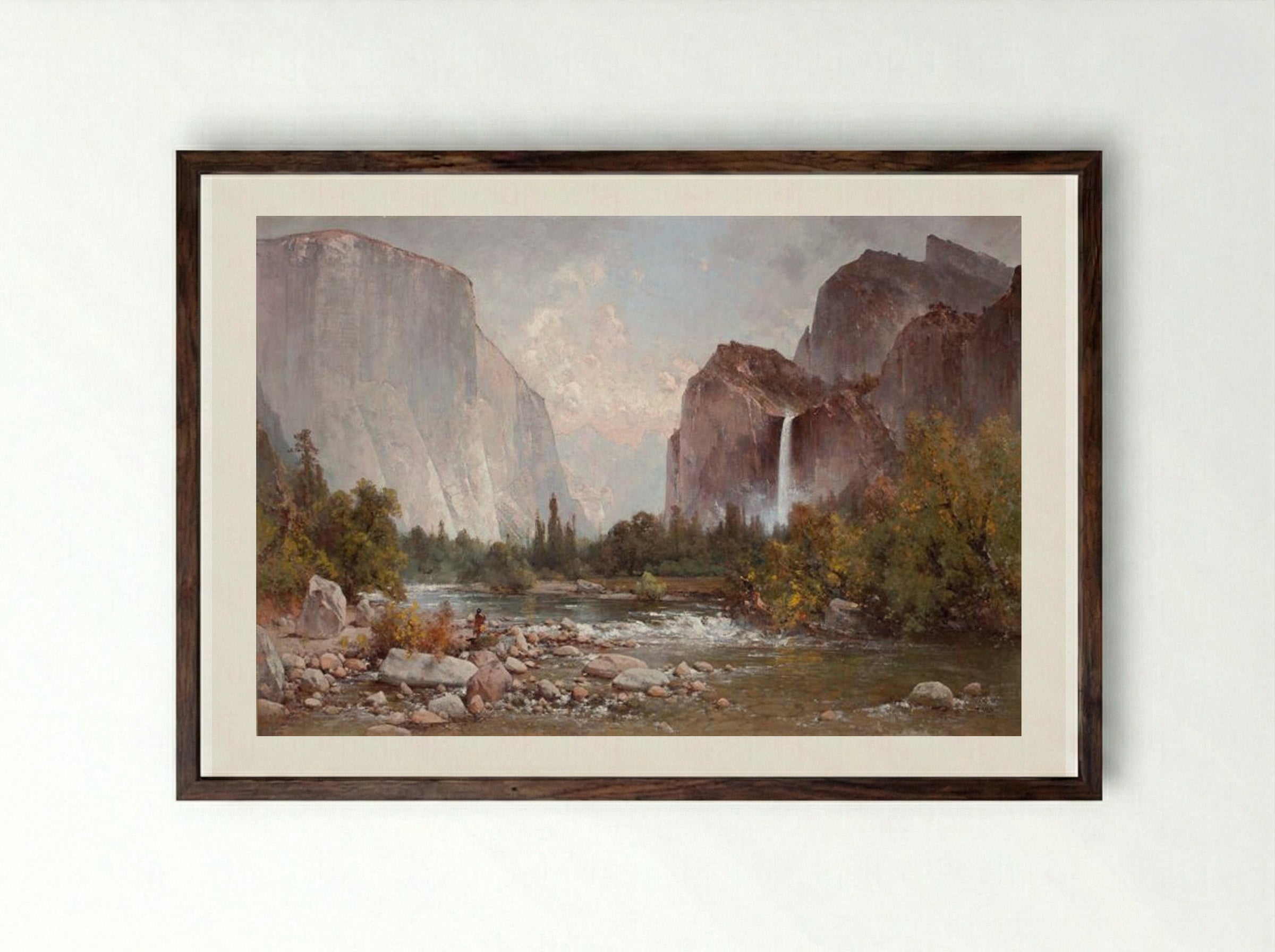 Fishing in the Yosemite Valley - Thomas Hill - Framed Print Dark Wood