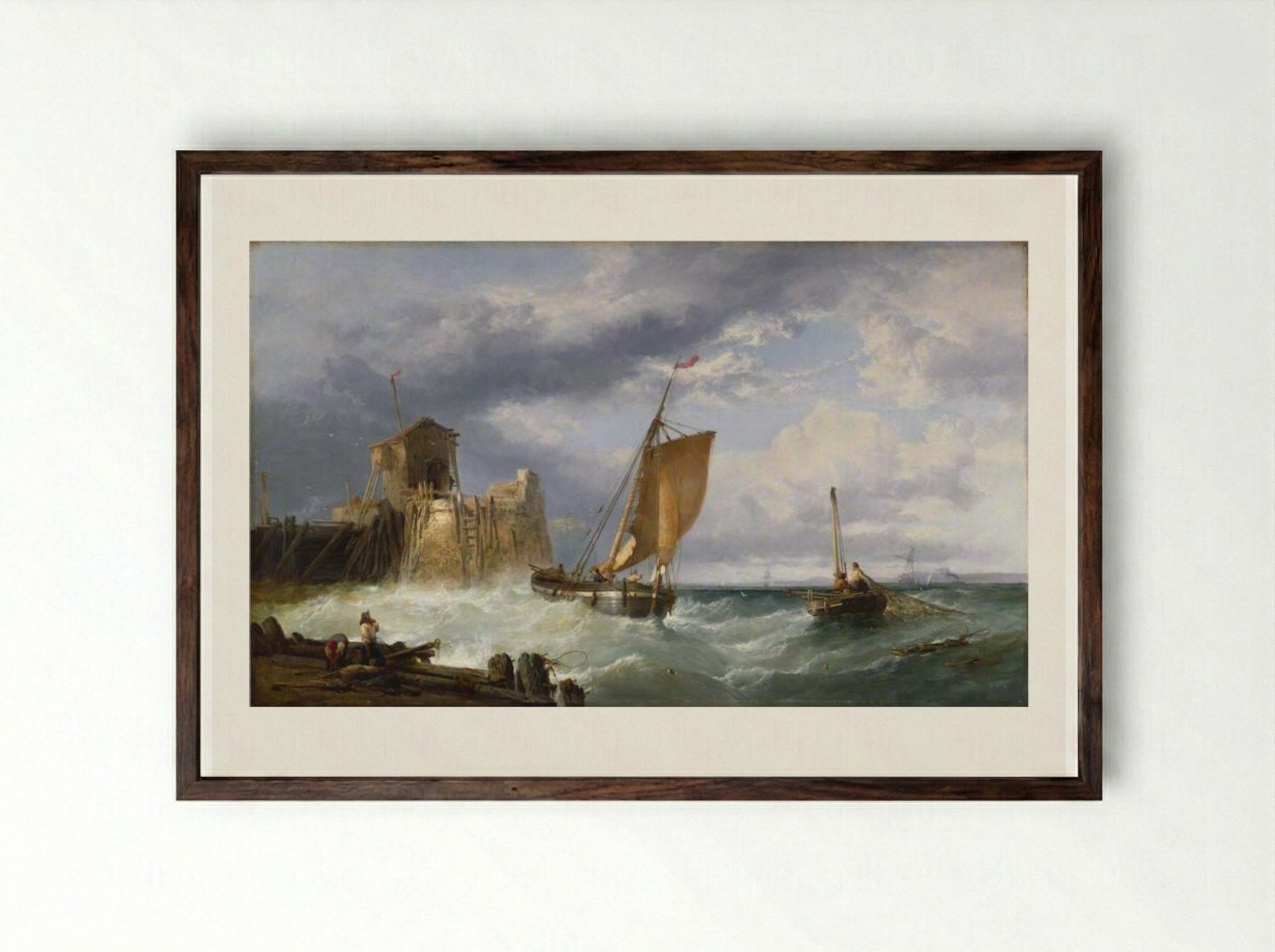 Fishing on a Squally Day - James Webb - Framed Print Dark Wood