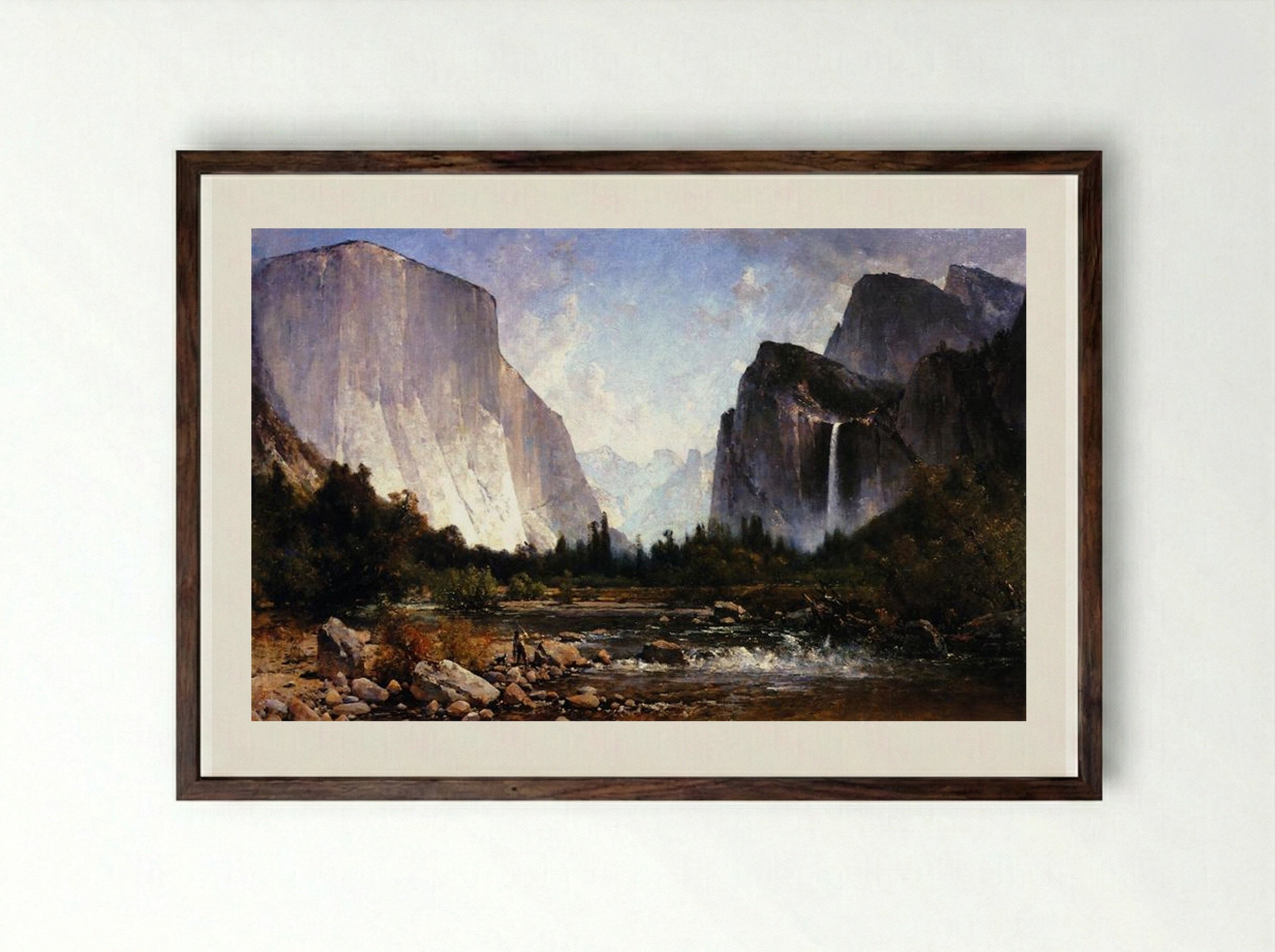 Fishing the Merced River - Thomas Hill - Framed Print Dark Wood
