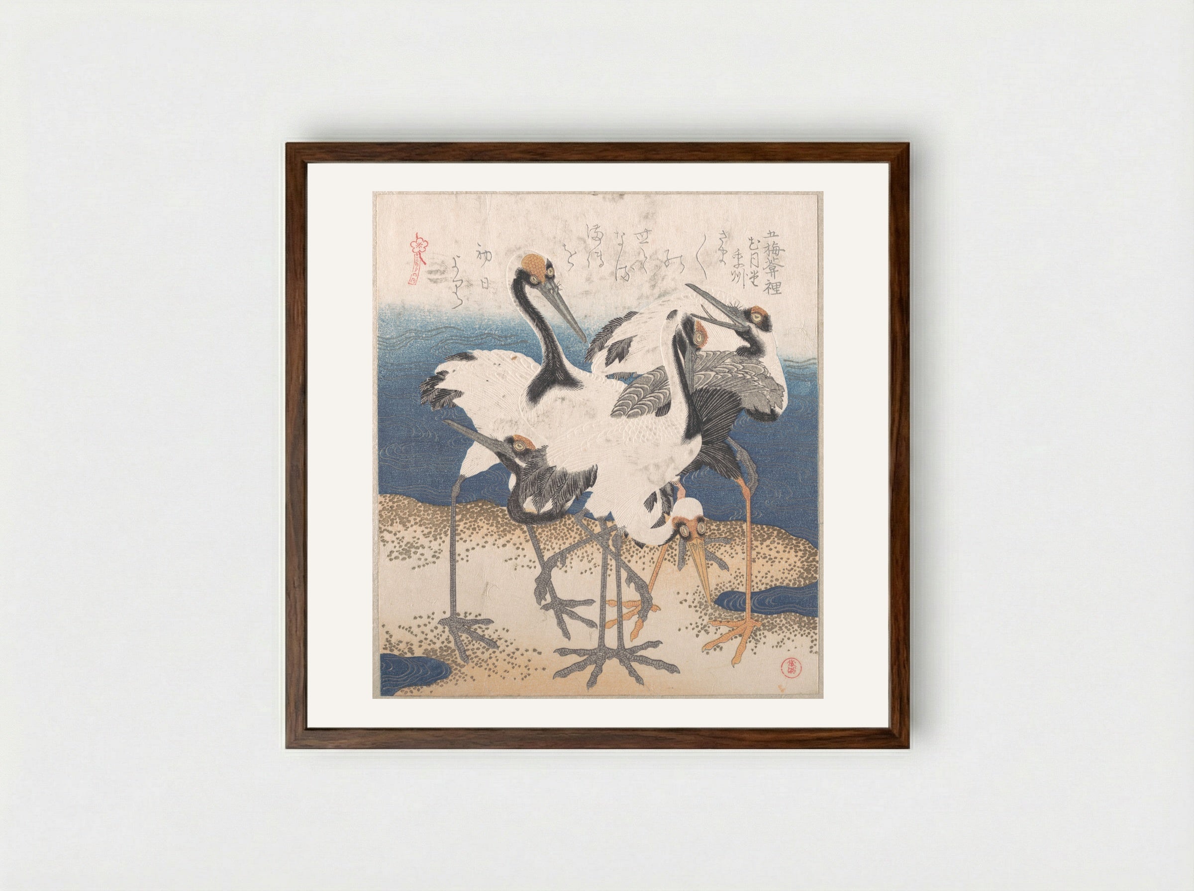Five Cranes by the Water’s Edge - Totoya Hokkei - Framed Print Dark Wood