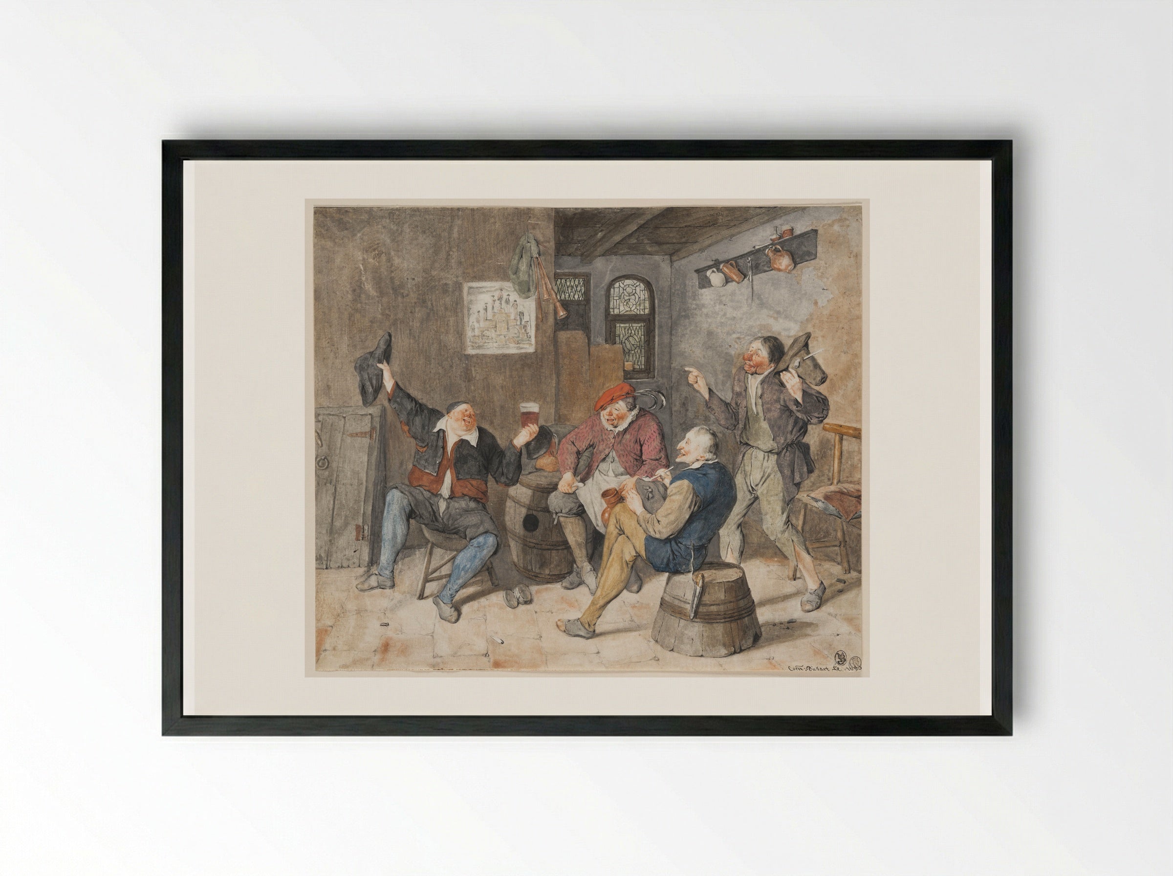 Five Peasants in an Interior - Cornelis Dusart - Framed Print Black