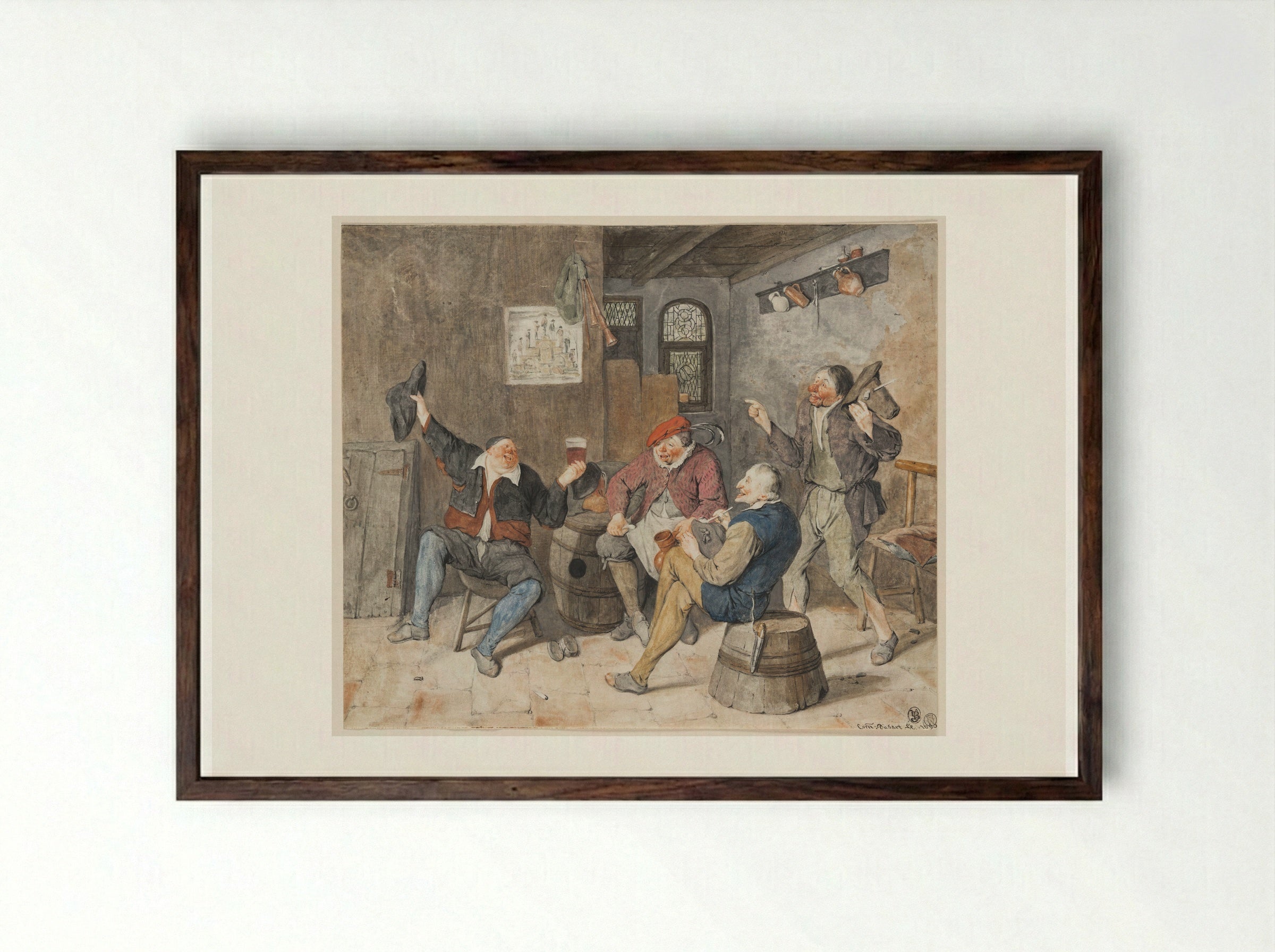 Five Peasants in an Interior - Cornelis Dusart - Framed Print Dark Wood