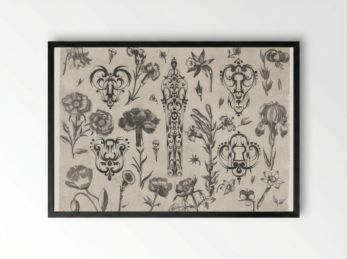 Five Schweifwerk Ornaments Surrounded by Flowers - Meynert Jelissen - Framed Print Black