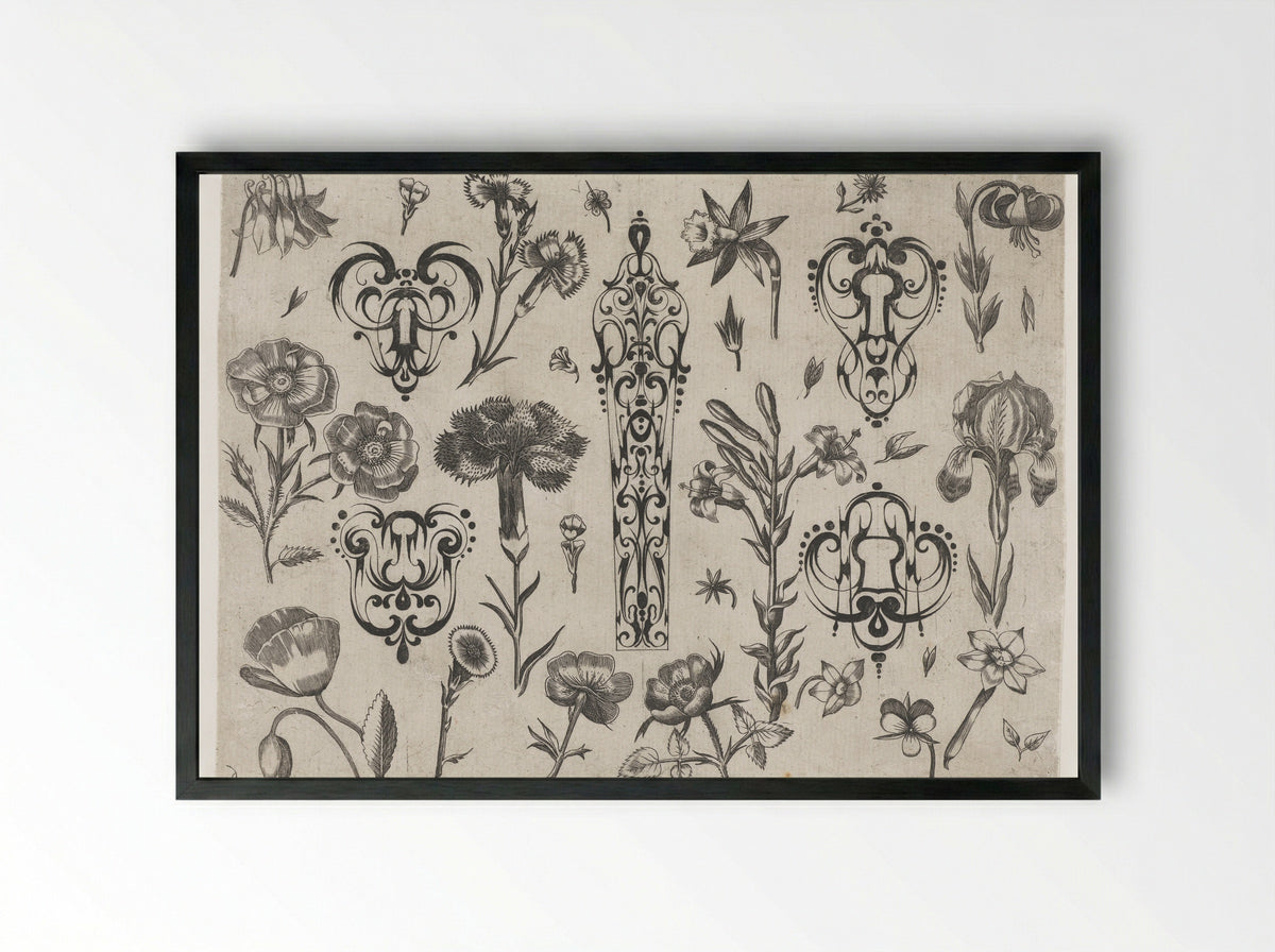 Five Schweifwerk Ornaments Surrounded by Flowers - Meynert Jelissen - Framed Print Black