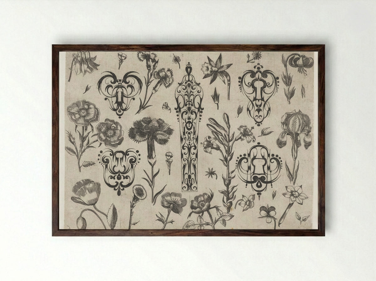 Five Schweifwerk Ornaments Surrounded by Flowers - Meynert Jelissen - Framed Print Dark Wood