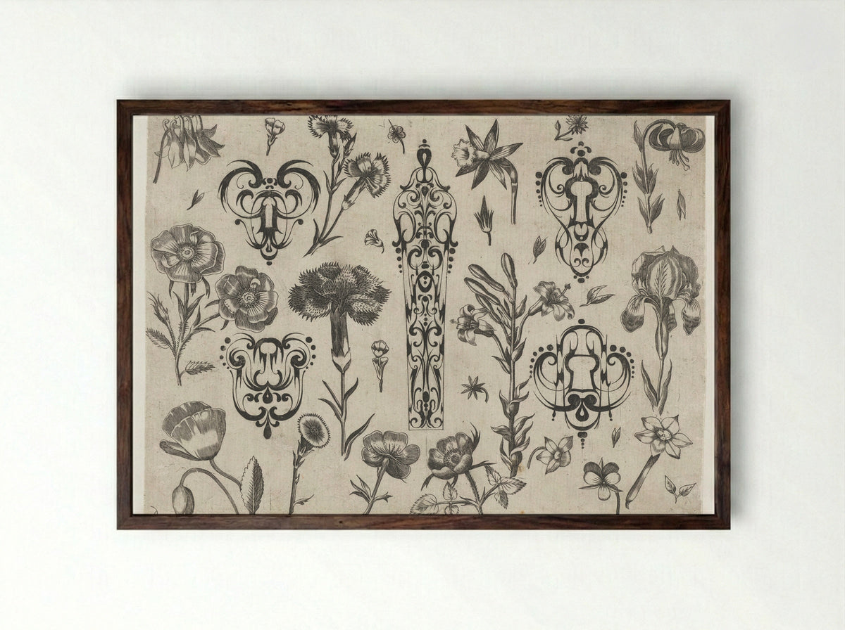 Five Schweifwerk Ornaments Surrounded by Flowers - Meynert Jelissen - Framed Print Dark Wood