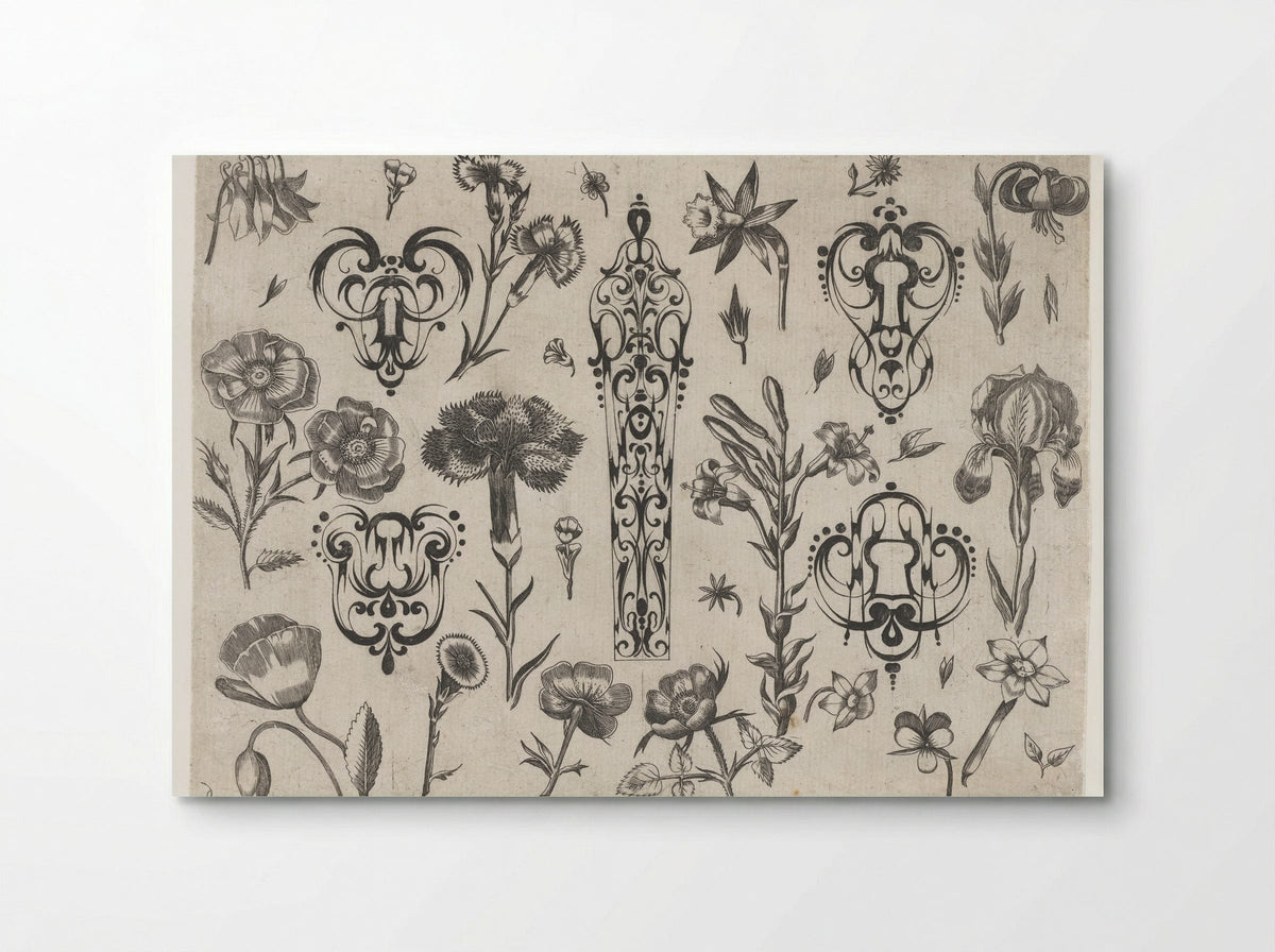 Five Schweifwerk Ornaments Surrounded by Flowers - Meynert Jelissen - Poster