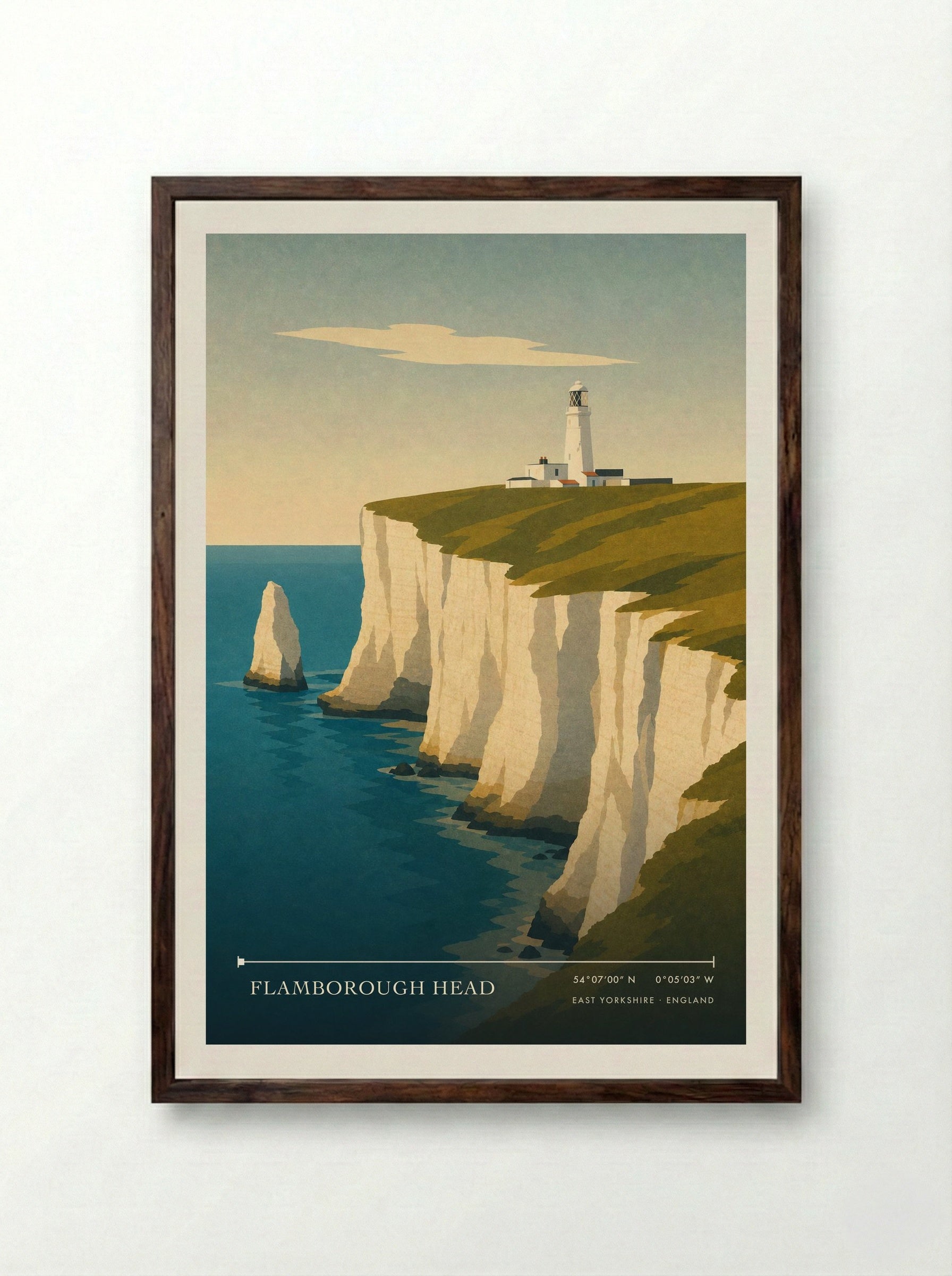 Flamborough Head Travel Poster Artwork - Framed Print Dark Wood