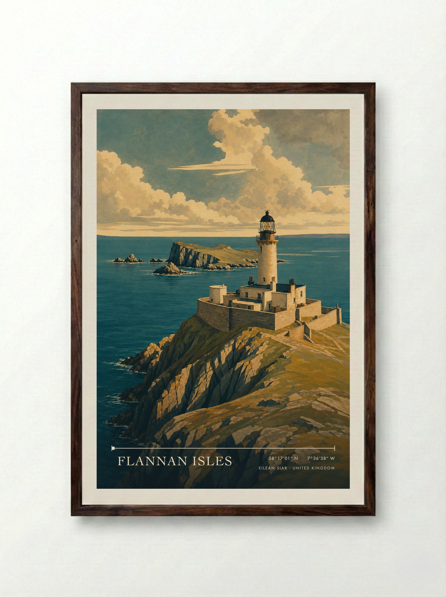 Flannan Isles Eilean Siar United Kingdom Travel Poster - Framed Print Dark Wood
