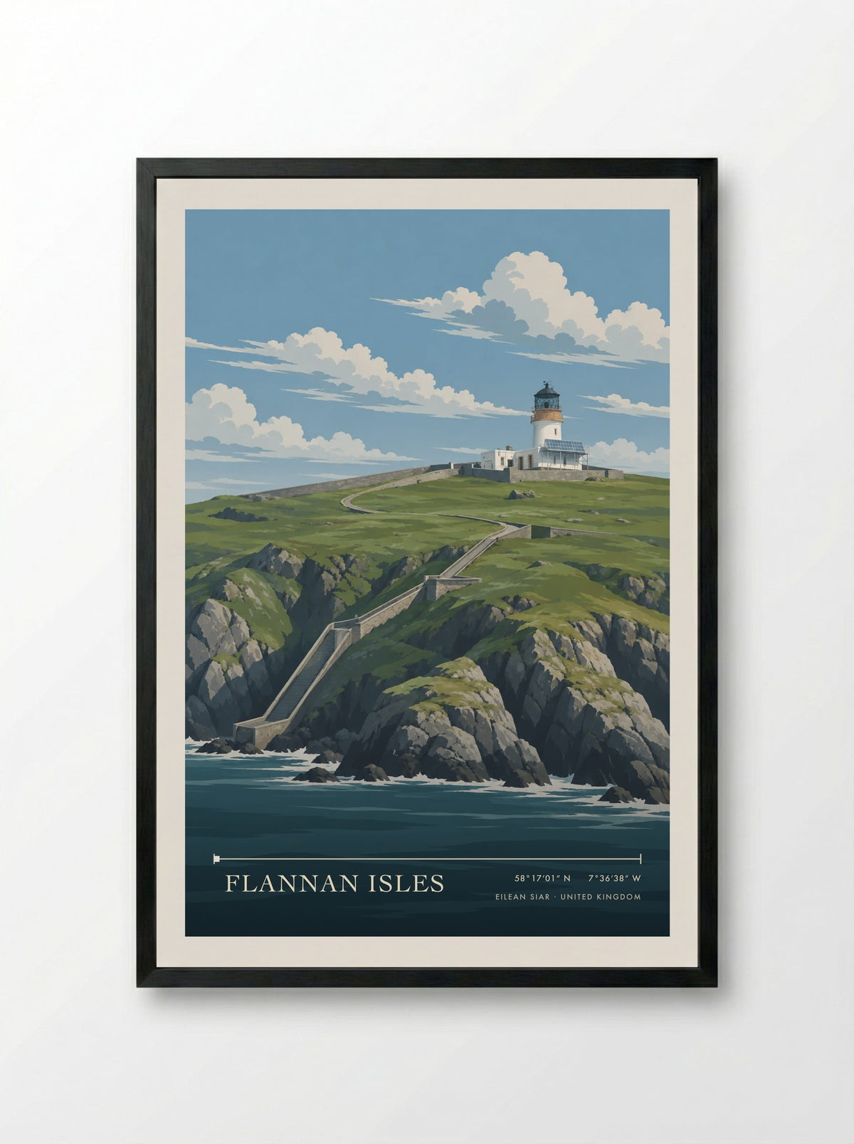 Flannan Isles, Eilean Siar | Travel Poster - Framed Print Black