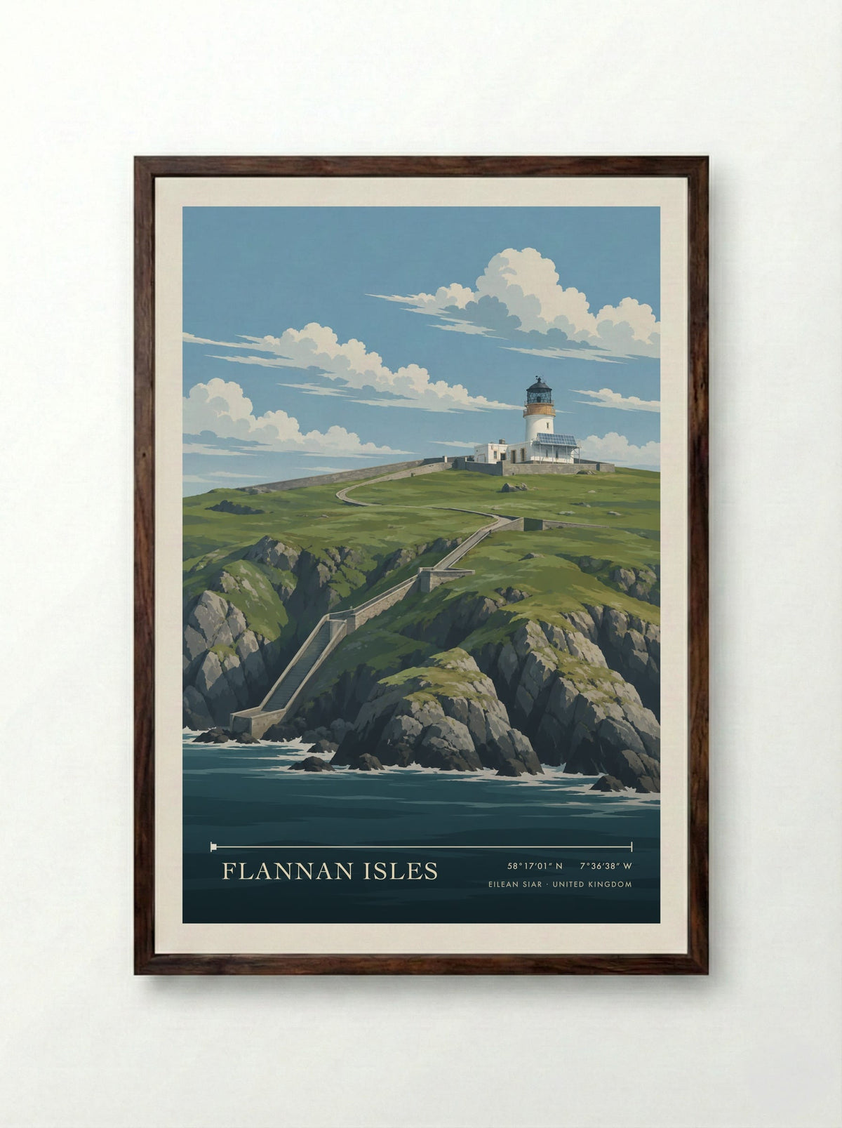 Flannan Isles, Eilean Siar | Travel Poster - Framed Print Dark Wood