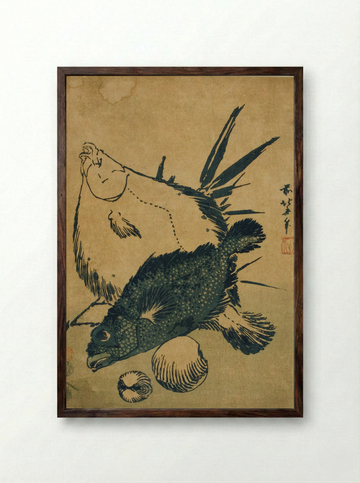 Flatfish, Scorpion Fish, and Shells - Katsushika Hokusai - Framed Print Dark Wood