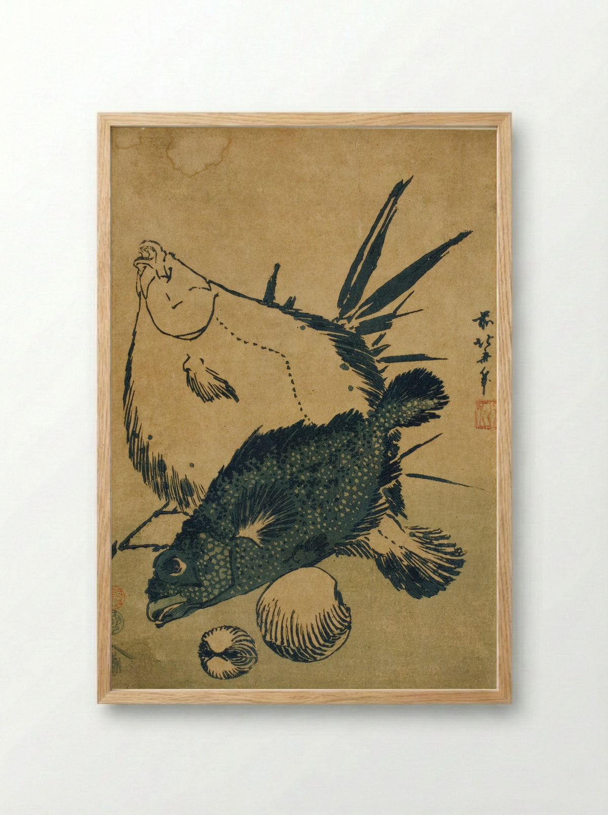 Flatfish, Scorpion Fish, and Shells - Katsushika Hokusai - Framed Print Wood