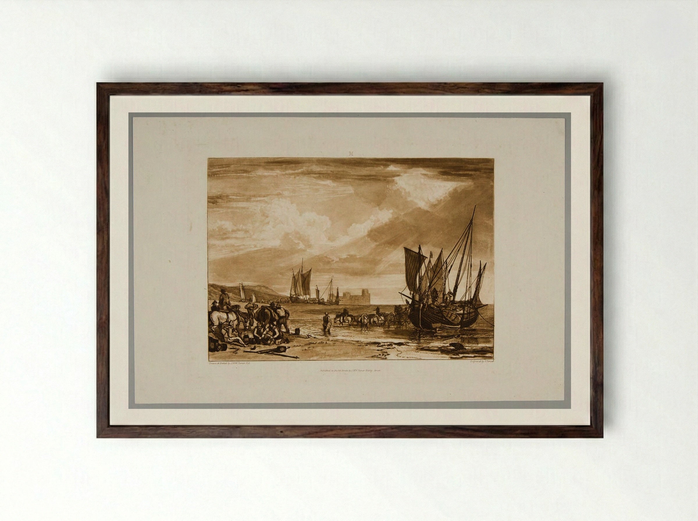 Flint Castle, Vessels Unloading - Charles Turner - Framed Print Dark Wood