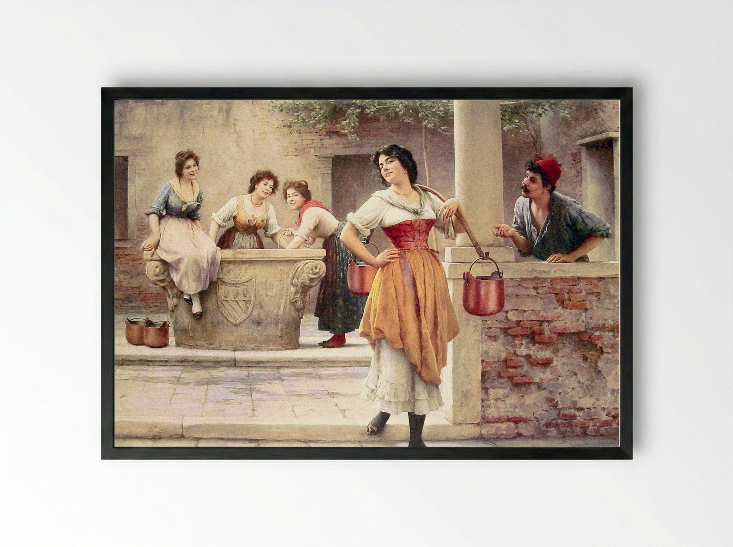 Flirtation at the Well - Eugene de Blaas - Framed Print Black
