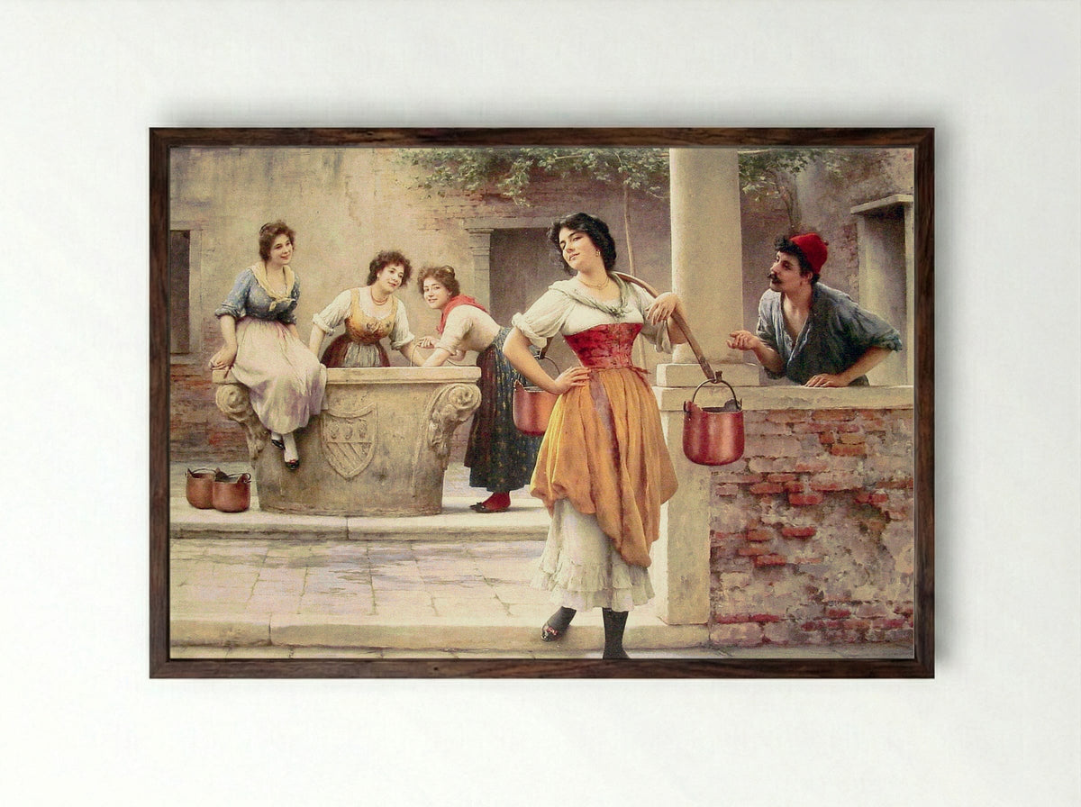 Flirtation at the Well - Eugene de Blaas - Framed Print Dark Wood