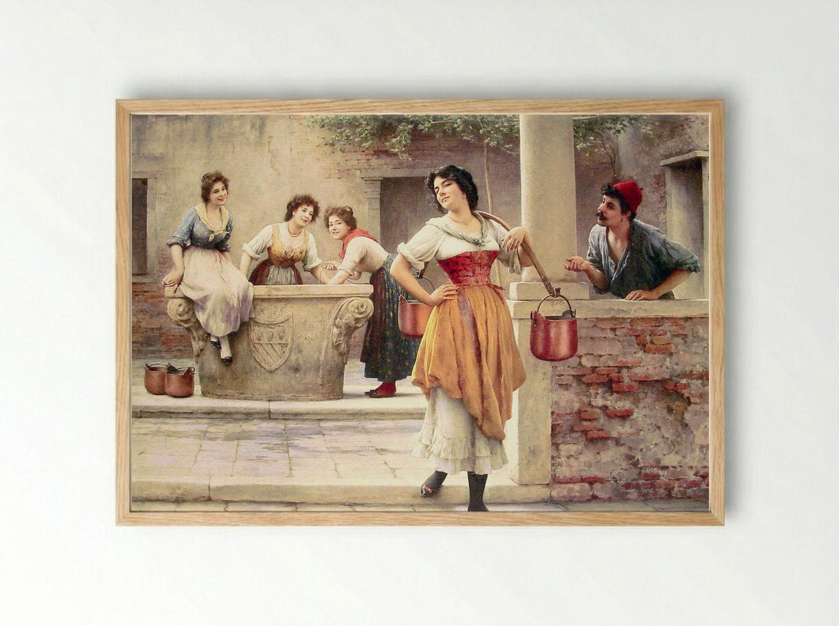 Flirtation at the Well - Eugene de Blaas - Framed Print Wood
