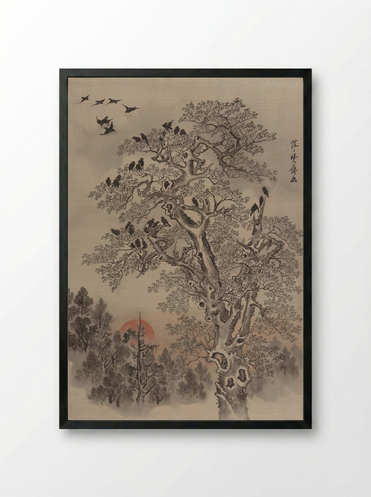 Flock of Crows at Dawn - Kawanabe Kyōsai - Framed Print Black