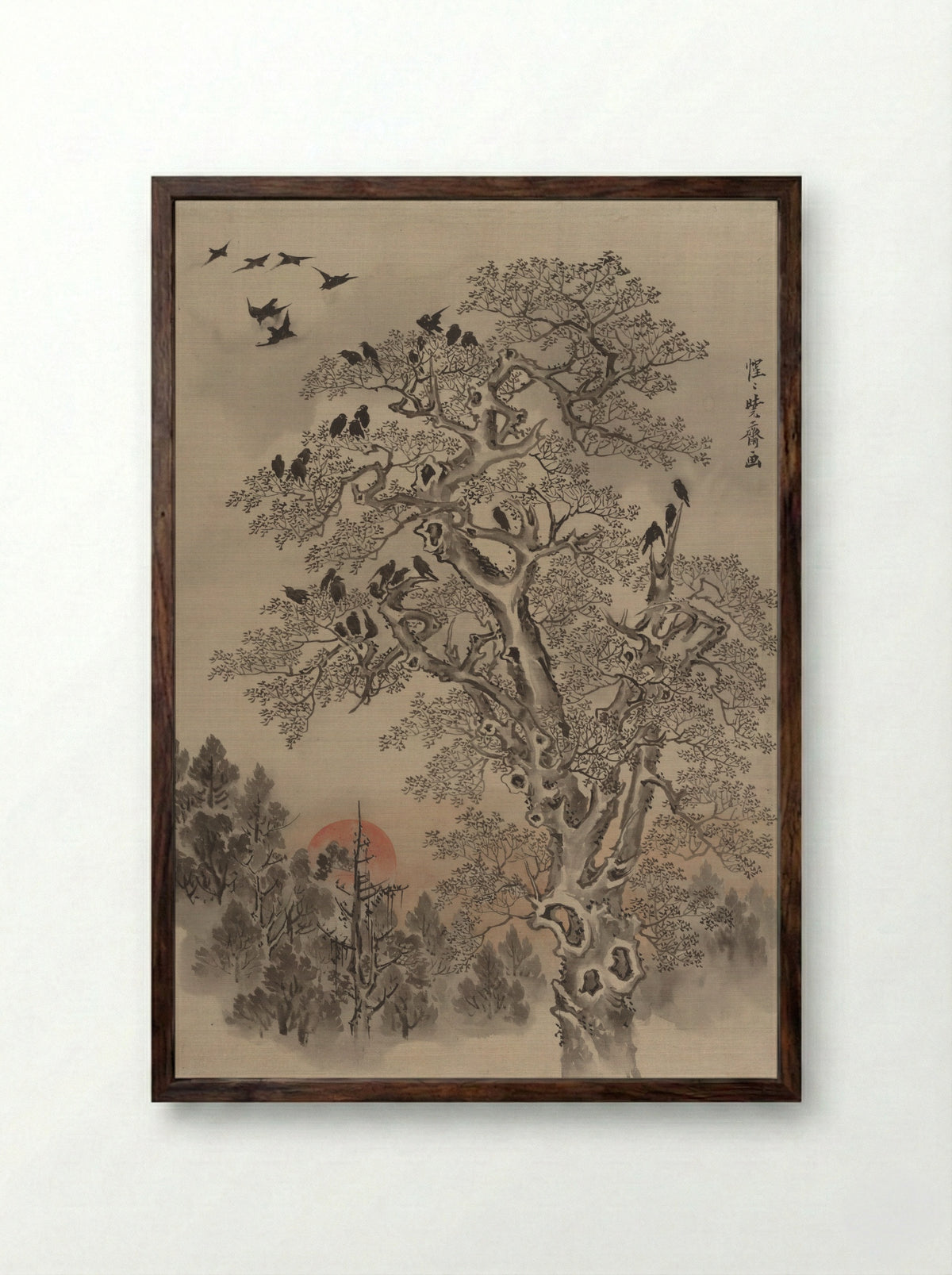 Flock of Crows at Dawn - Kawanabe Kyōsai - Framed Print Dark Wood
