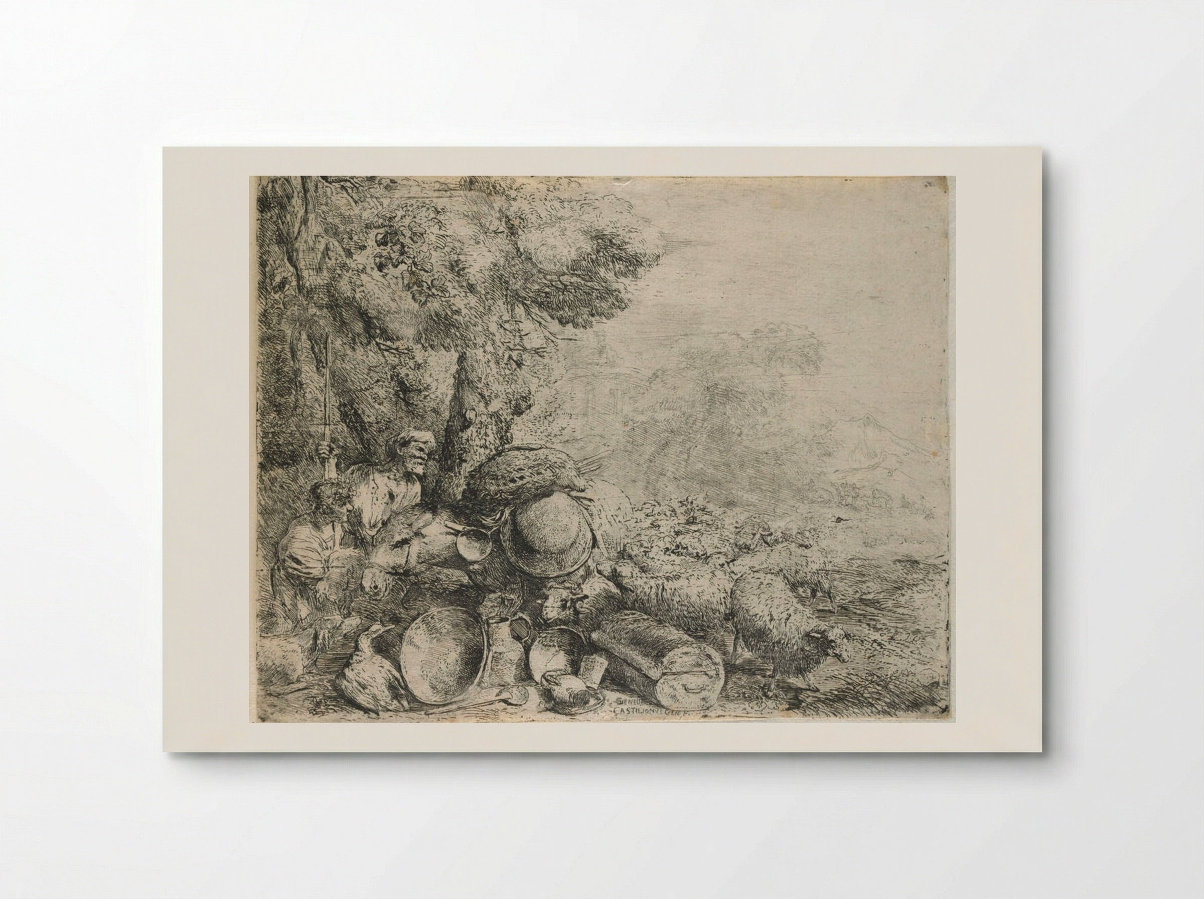 Flock of Sheep Surrounding a Laden Donkey - Giovanni Benedetto Castiglione - Poster
