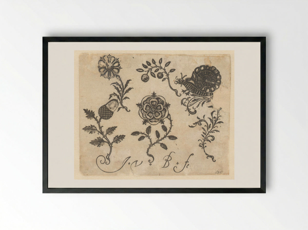 Florale zwartornamenten en een slak - Claes Jansz. Visscher (II) - Framed Print Black