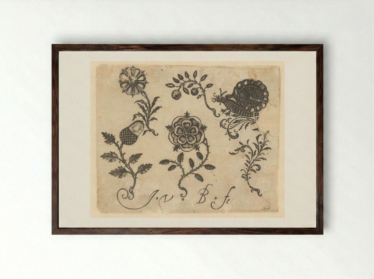 Florale zwartornamenten en een slak - Claes Jansz. Visscher (II) - Framed Print Dark Wood
