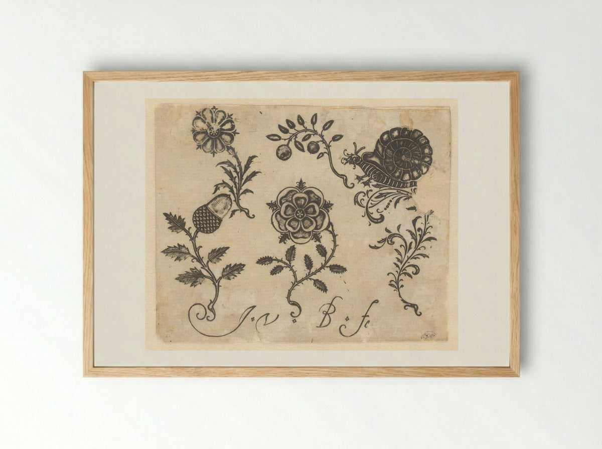 Florale zwartornamenten en een slak - Claes Jansz. Visscher (II) - Framed Print Wood