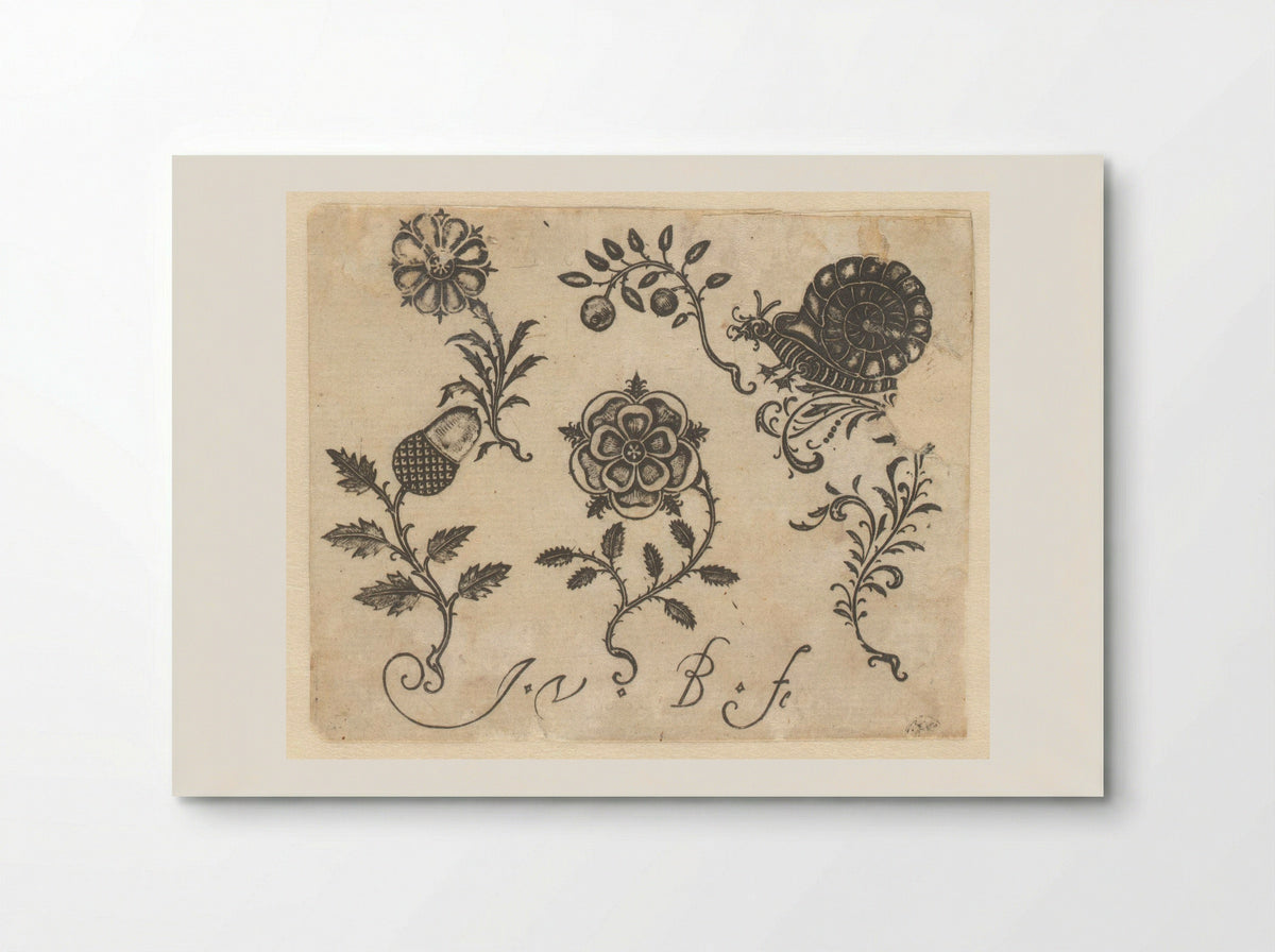 Florale zwartornamenten en een slak - Claes Jansz. Visscher (II) - Poster