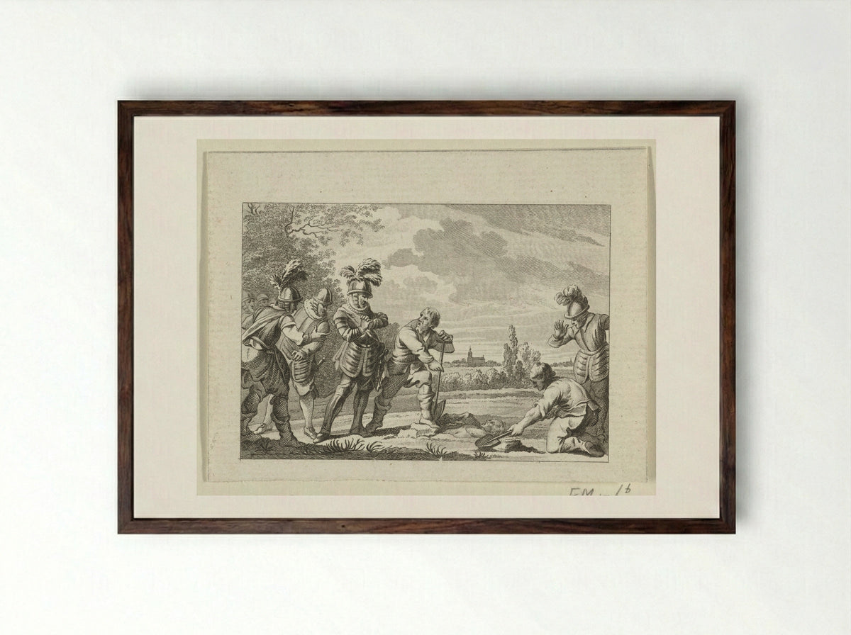 Floris V wordt de plek getoond waar zich het lichaam van Willem II bevindt, 1282 - Harmanus Vinkeles - Framed Print Dark Wood