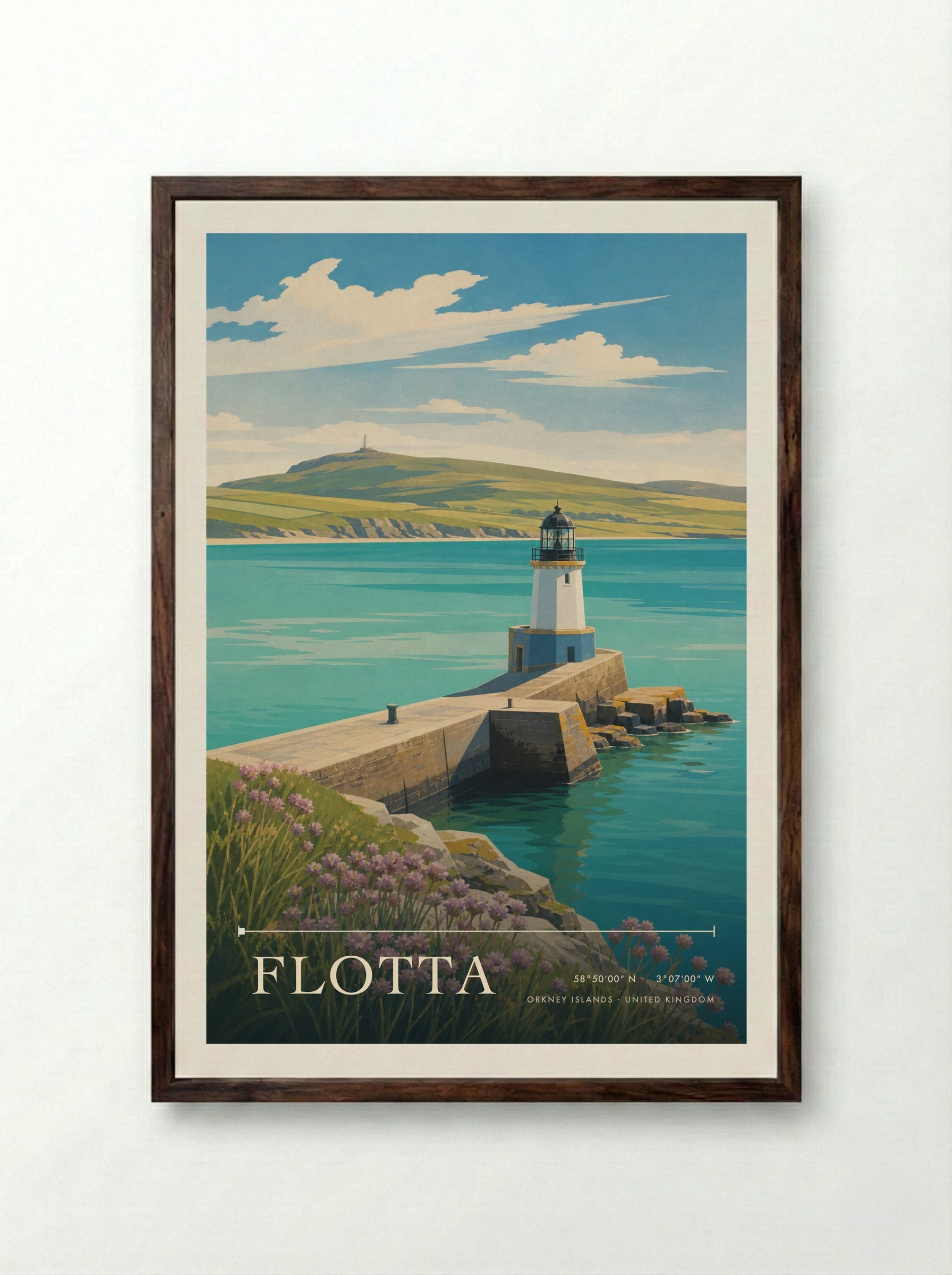 Flotta Orkney Islands United Kingdom Travel Poster - Framed Print Dark Wood