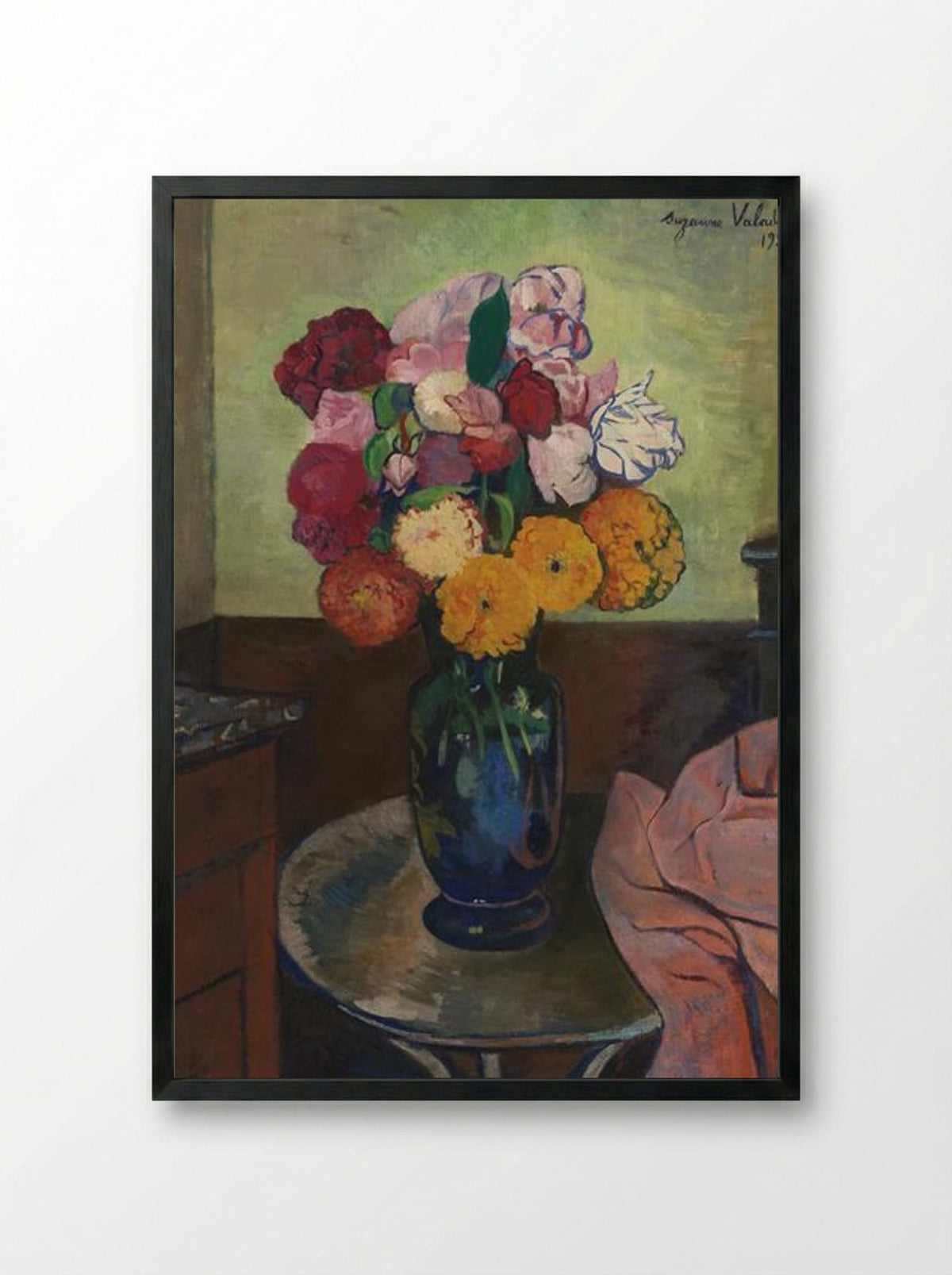 Flower Vase on a Round Table - Suzanne Valadon - Framed Print Black