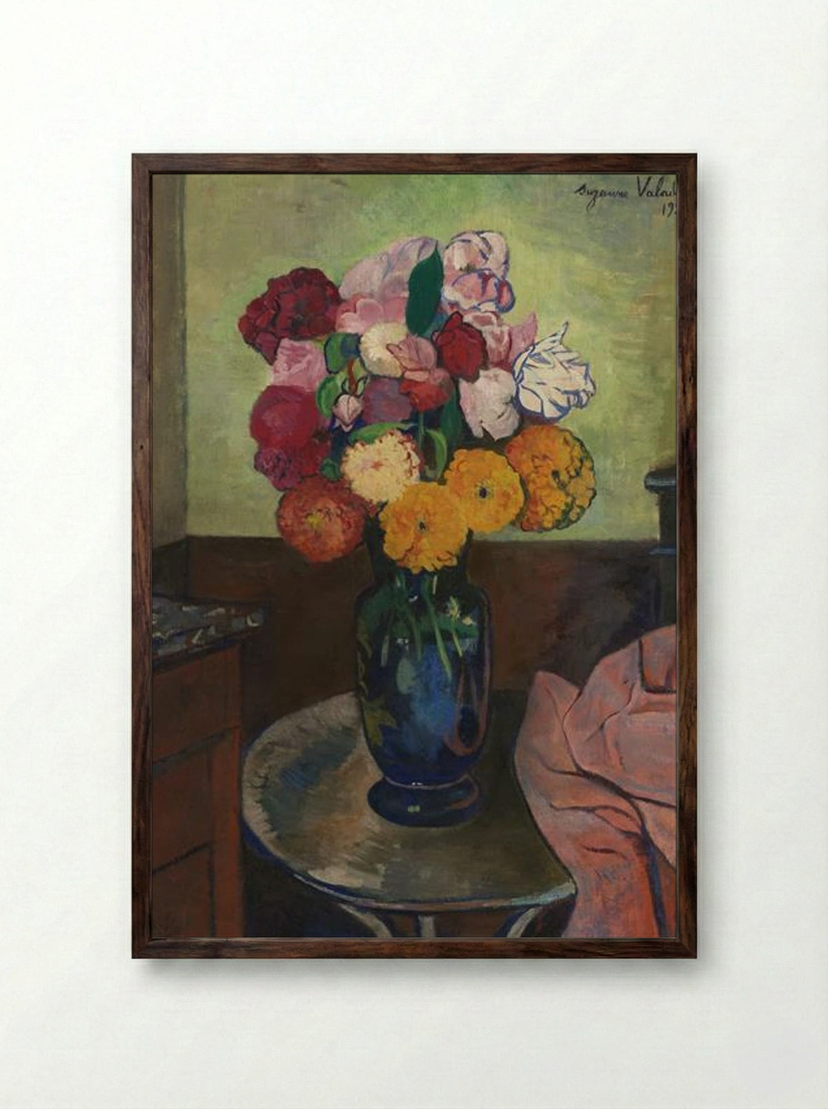 Flower Vase on a Round Table - Suzanne Valadon - Framed Print Dark Wood