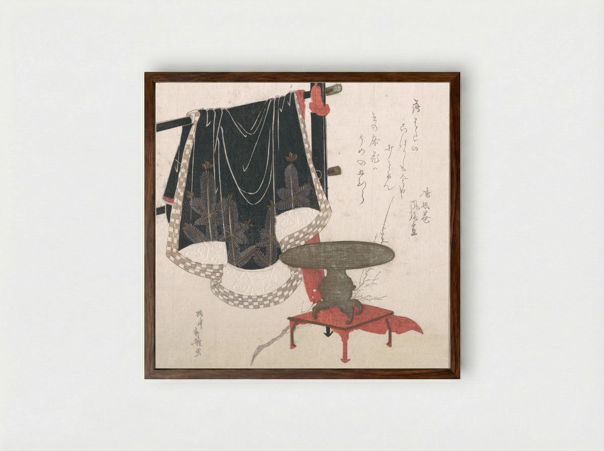 Flower Vase with Stand; Dress Hanging on a Clothesrack - Hachifusa Shūri - Framed Print Dark Wood