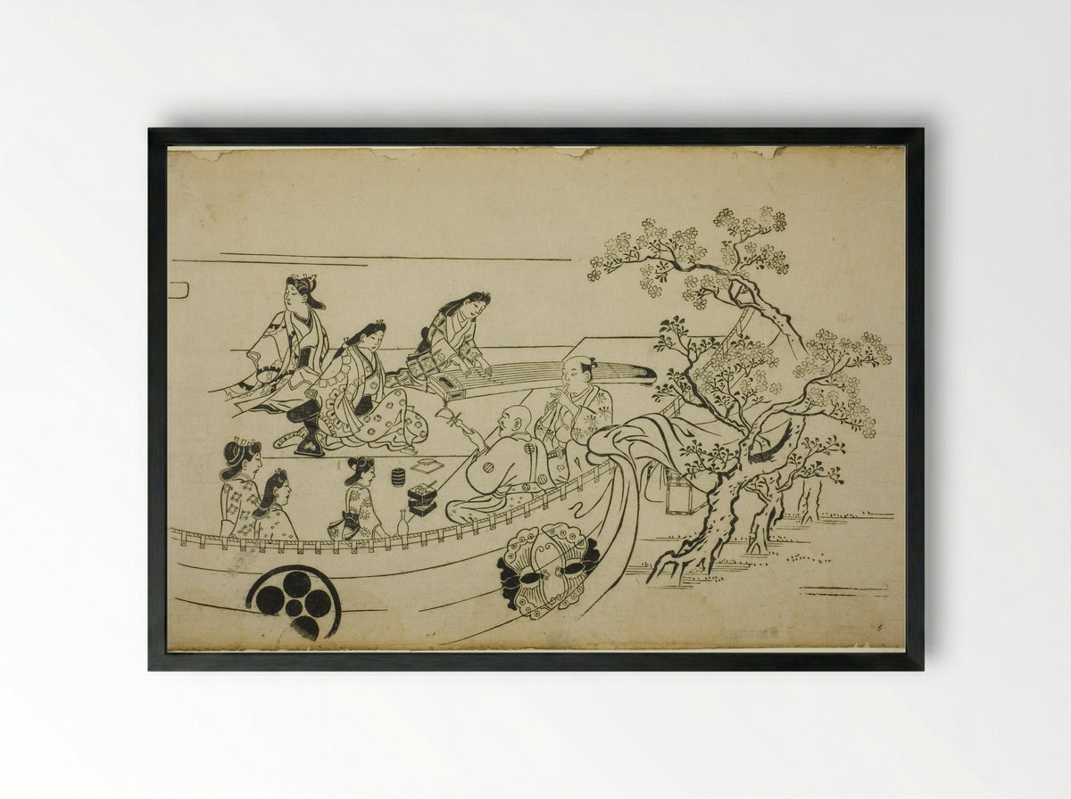 Flower-Viewing Party with Crest-Bearing Curtain - Hishikawa Moronobu - Framed Print Black