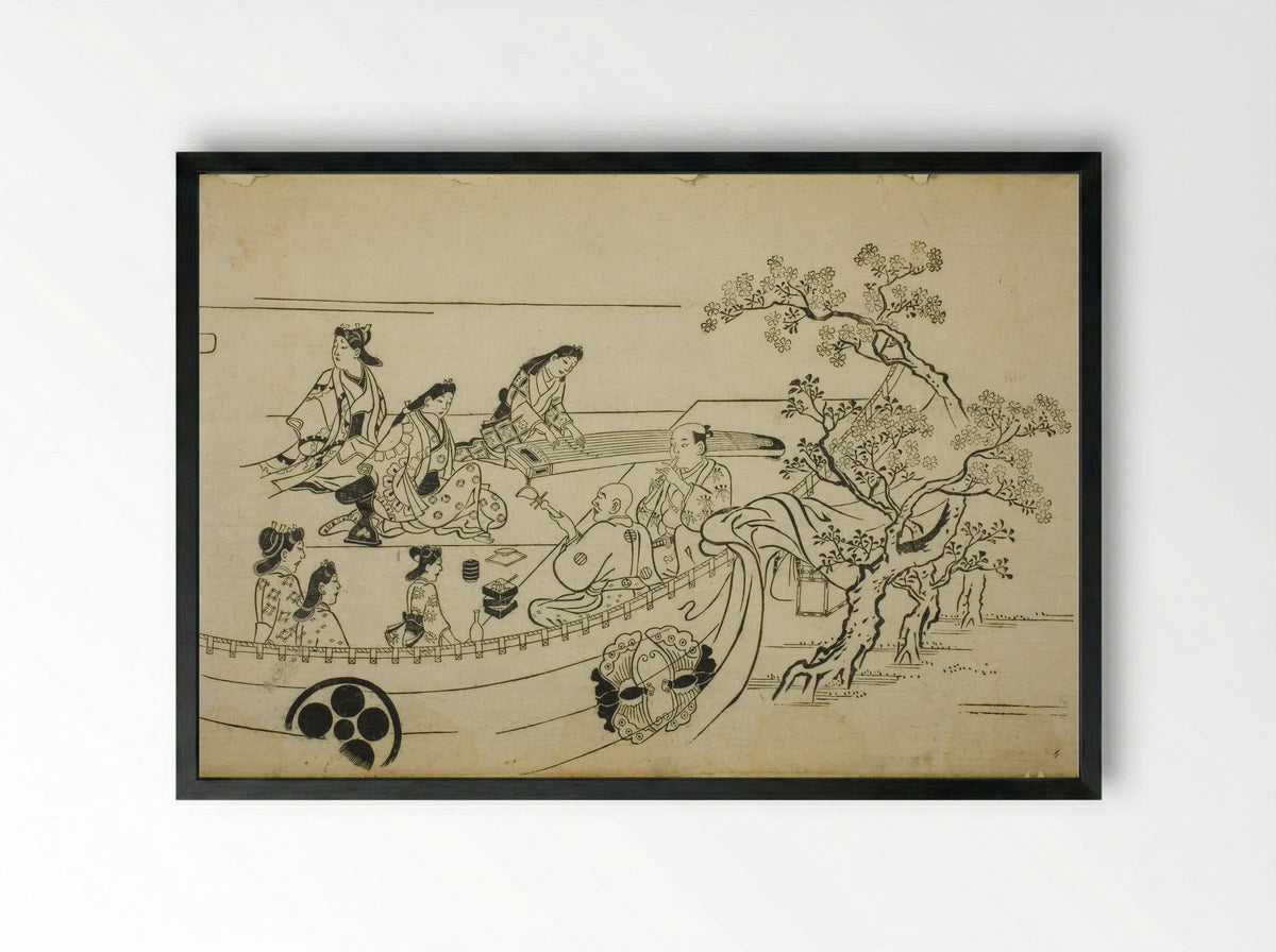Flower-Viewing Party with Crest-Bearing Curtain - Hishikawa Moronobu - Framed Print Black