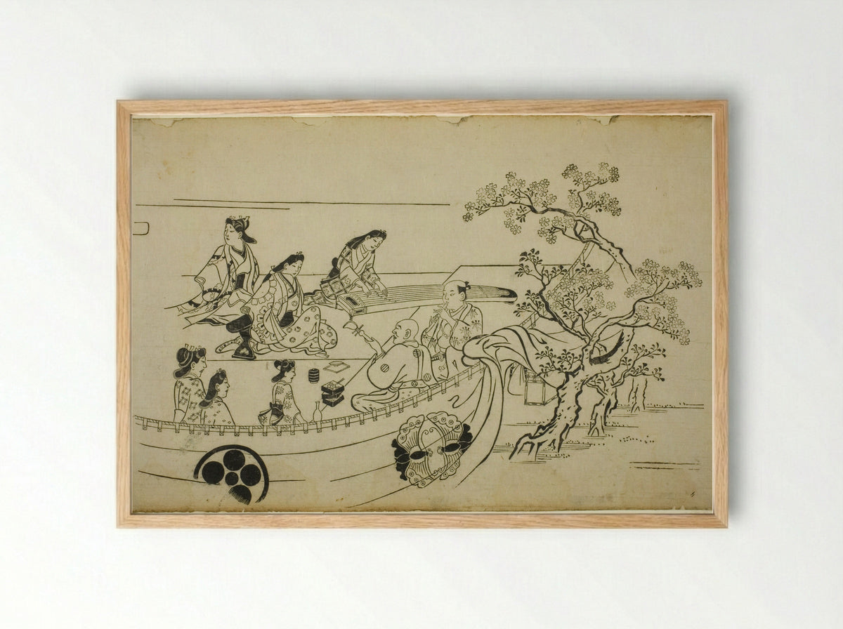 Flower-Viewing Party with Crest-Bearing Curtain - Hishikawa Moronobu - Framed Print Wood