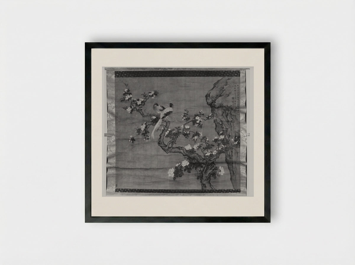 Flowering Crabapple and Pair of Birds - Shen Quan - Framed Print Black