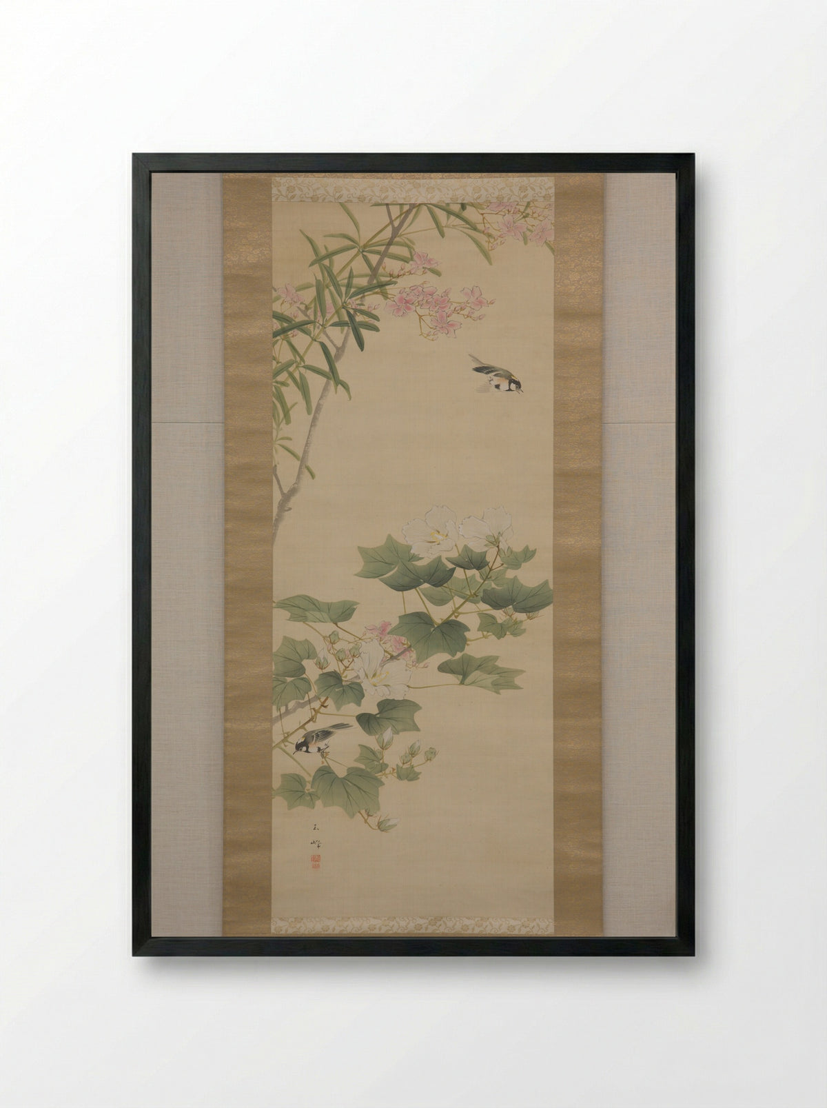 Flowering Shrubs and Field Sparrows - Hasegawa Gyokuhō - Framed Print Black