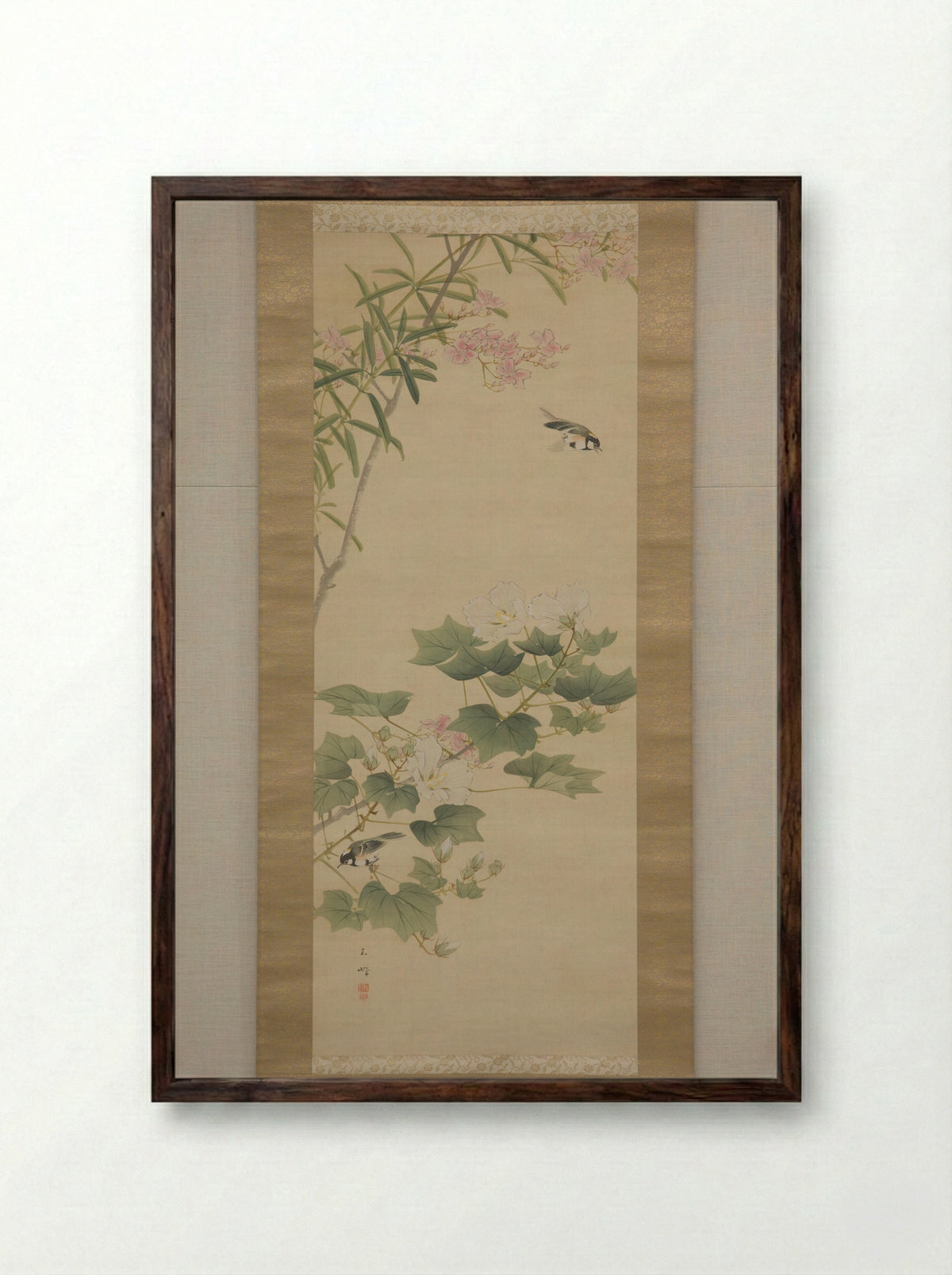 Flowering Shrubs and Field Sparrows - Hasegawa Gyokuhō - Framed Print Dark Wood