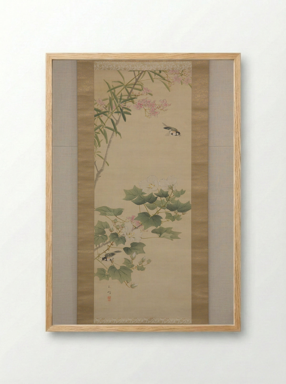 Flowering Shrubs and Field Sparrows - Hasegawa Gyokuhō - Framed Print Wood