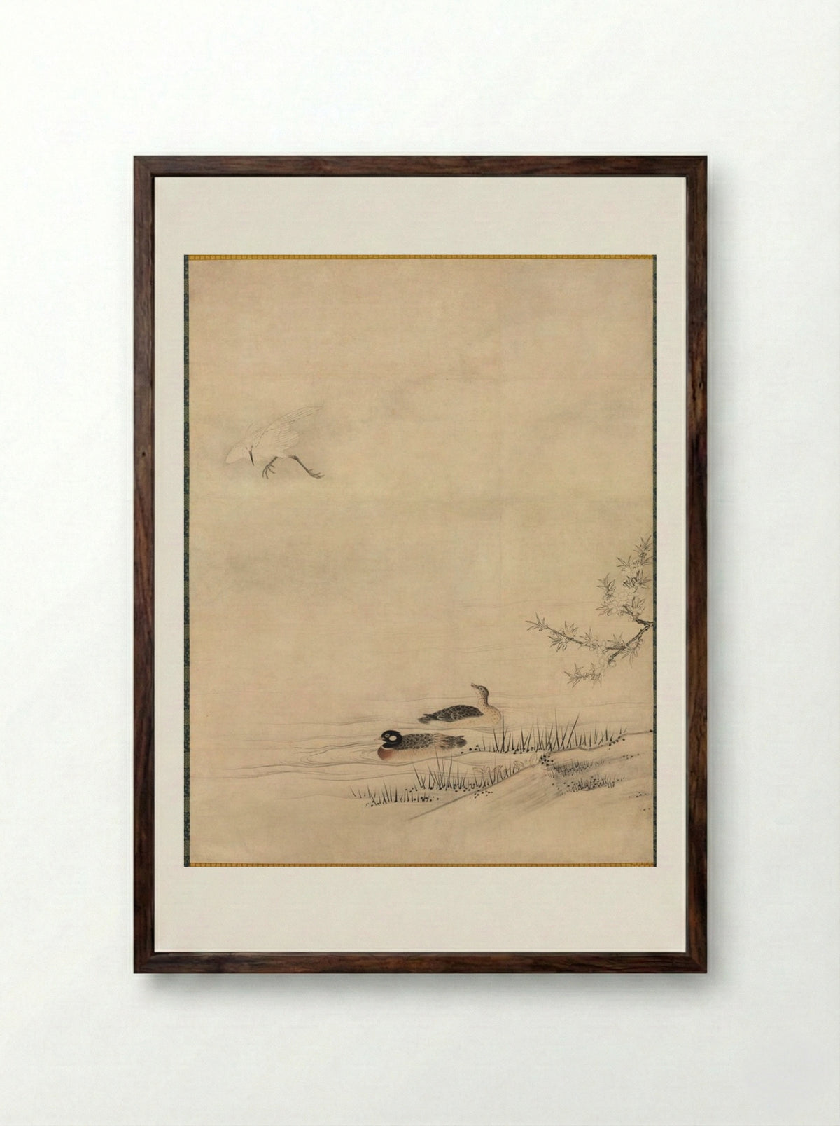 Flowers and Birds in a Spring Landscape - Kano Motonobu - Framed Print Dark Wood