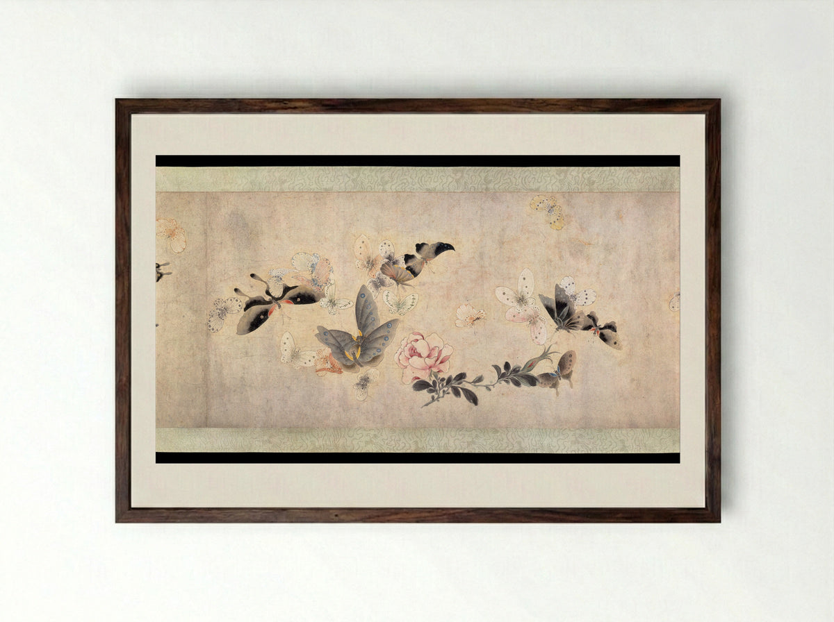 Flowers and Butterflies - Ma Quan - Framed Print Dark Wood