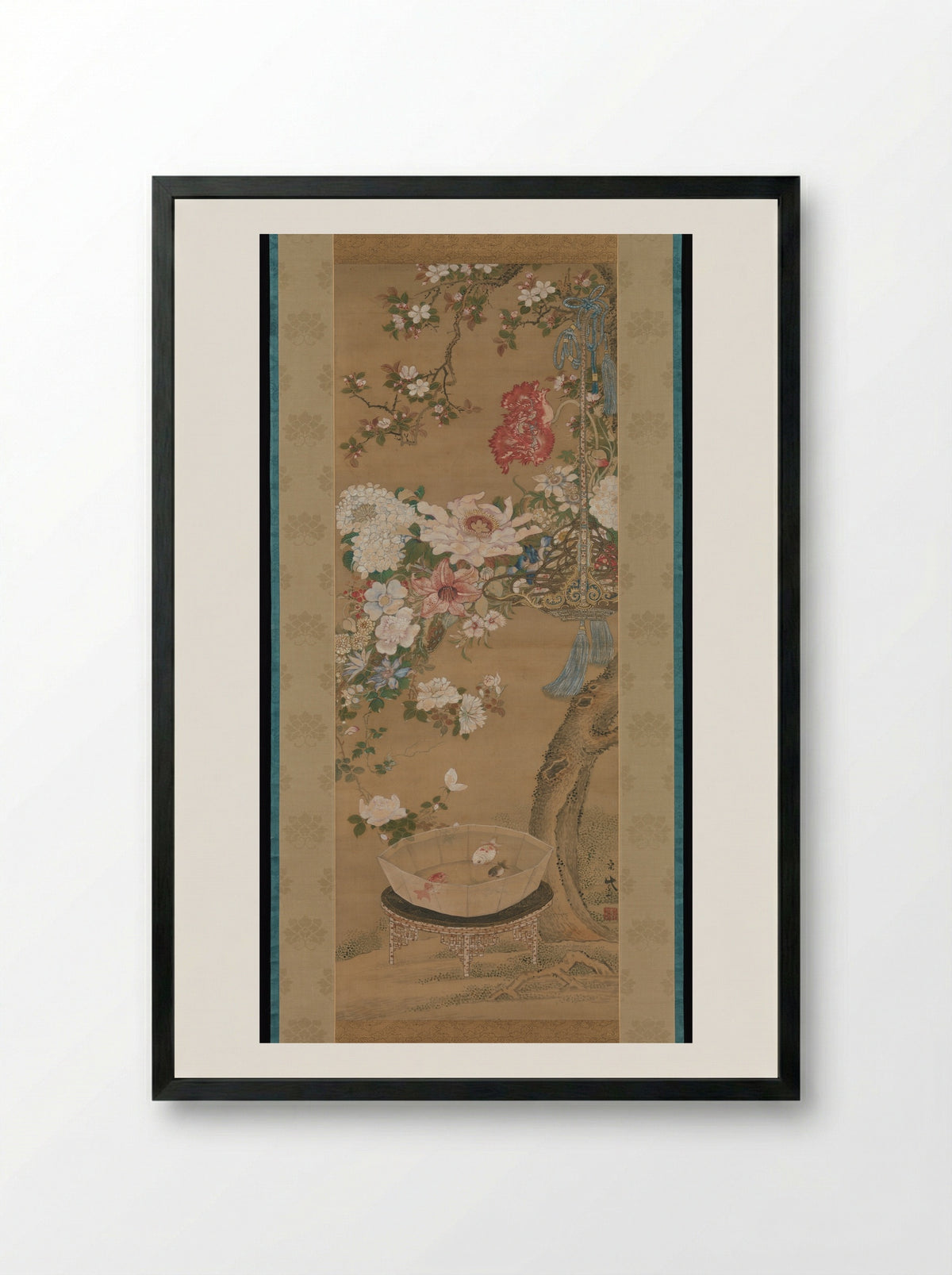 Flowers and Goldfish - Sō Shizan - Framed Print Black