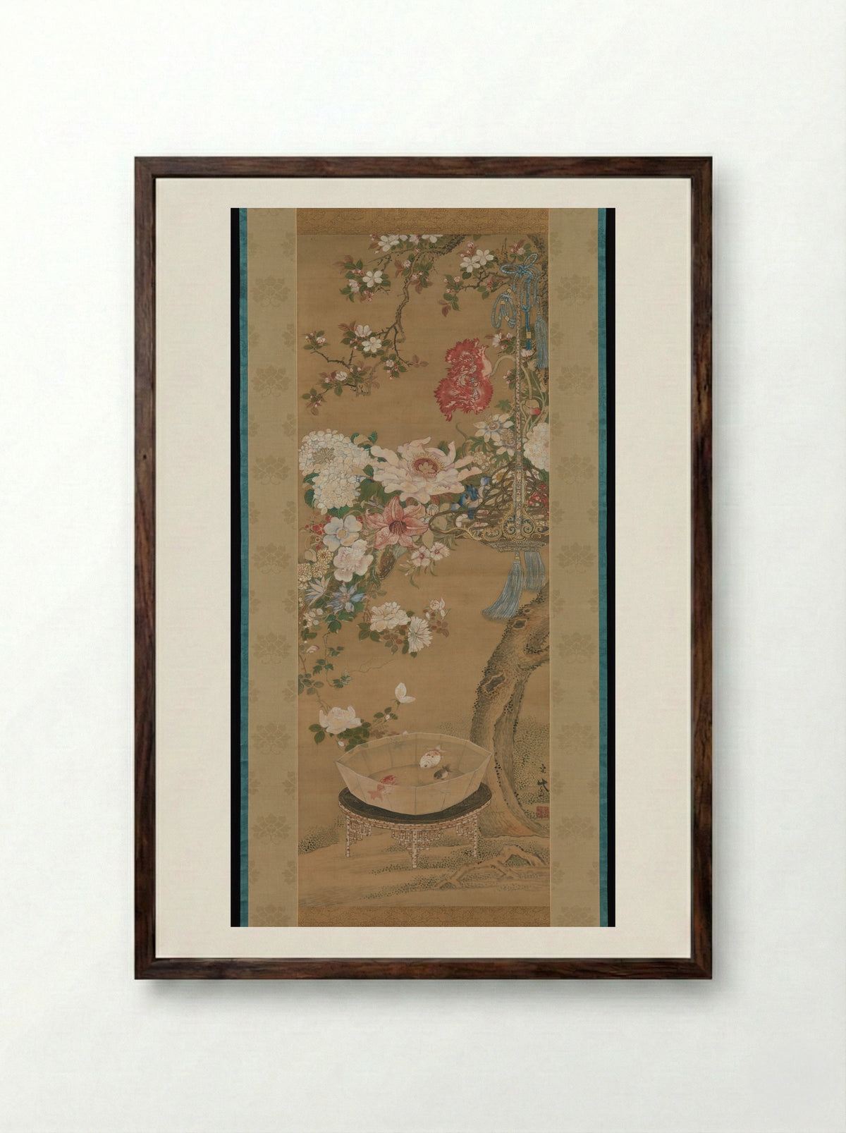 Flowers and Goldfish - Sō Shizan - Framed Print Dark Wood