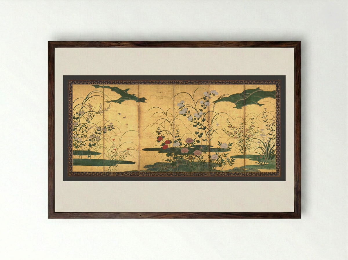 Flowers and Grasses of the Four Seasons - Kano Mitsunobu - Framed Print Dark Wood