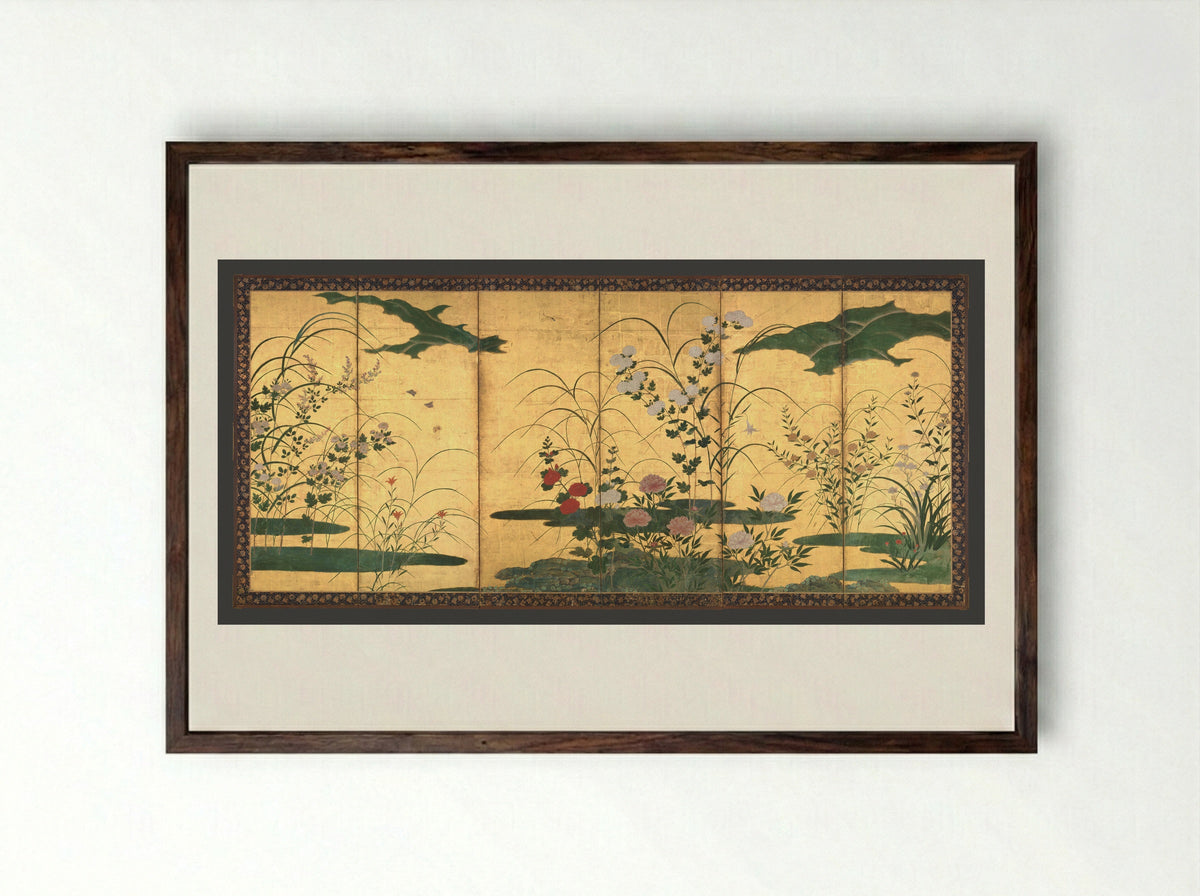 Flowers and Grasses of the Four Seasons - Kano Mitsunobu - Framed Print Dark Wood
