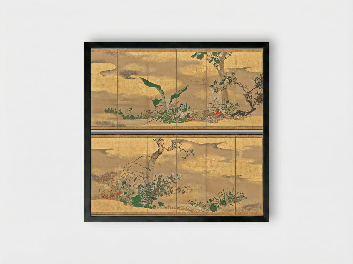 Flowers and Trees of the Four Seasons (left screen) - Watanabe Shikō - Framed Print Black