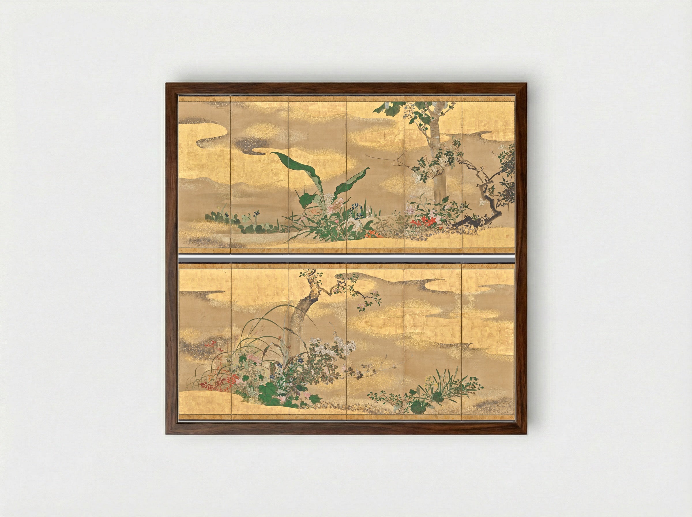 Flowers and Trees of the Four Seasons (left screen) - Watanabe Shikō - Framed Print Dark Wood