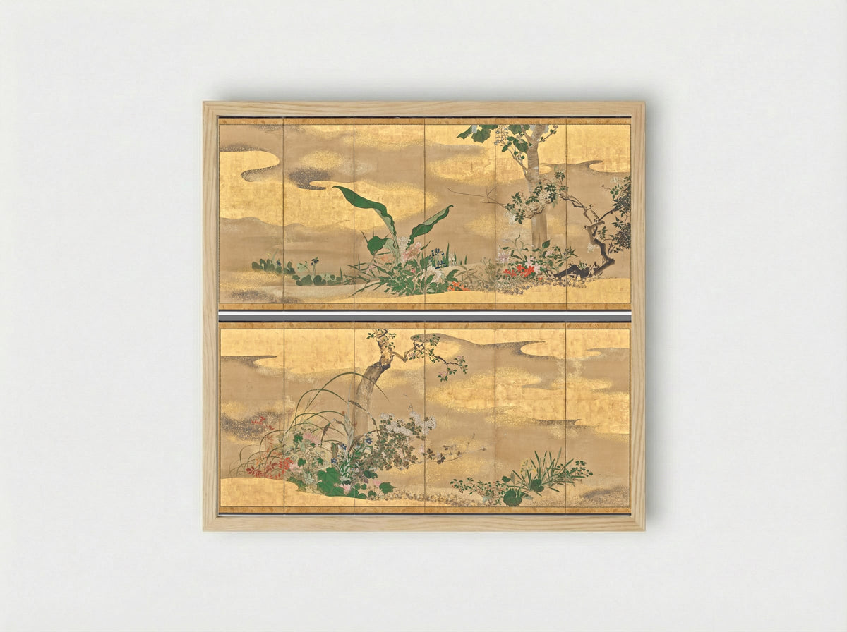 Flowers and Trees of the Four Seasons (left screen) - Watanabe Shikō - Framed Print Wood