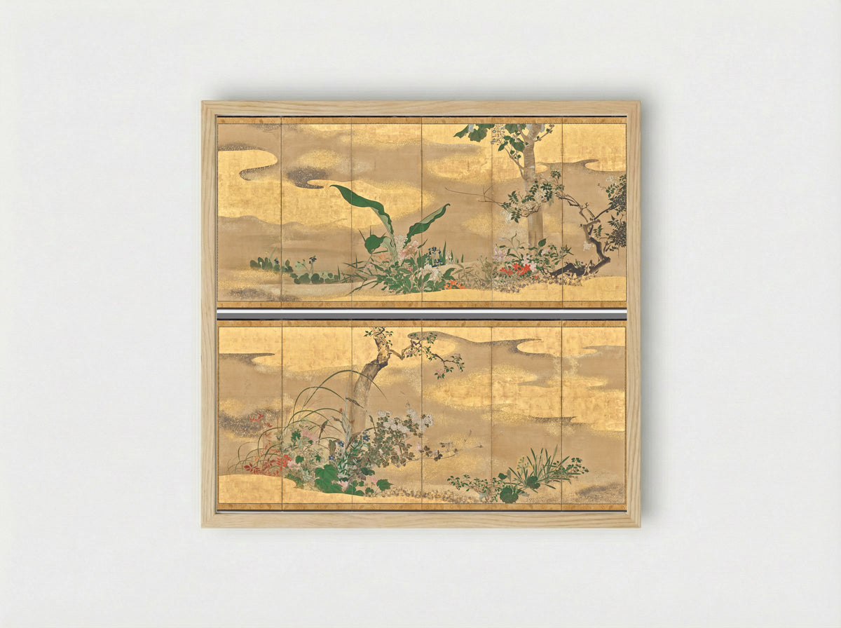 Flowers and Trees of the Four Seasons (left screen) - Watanabe Shikō - Framed Print Wood